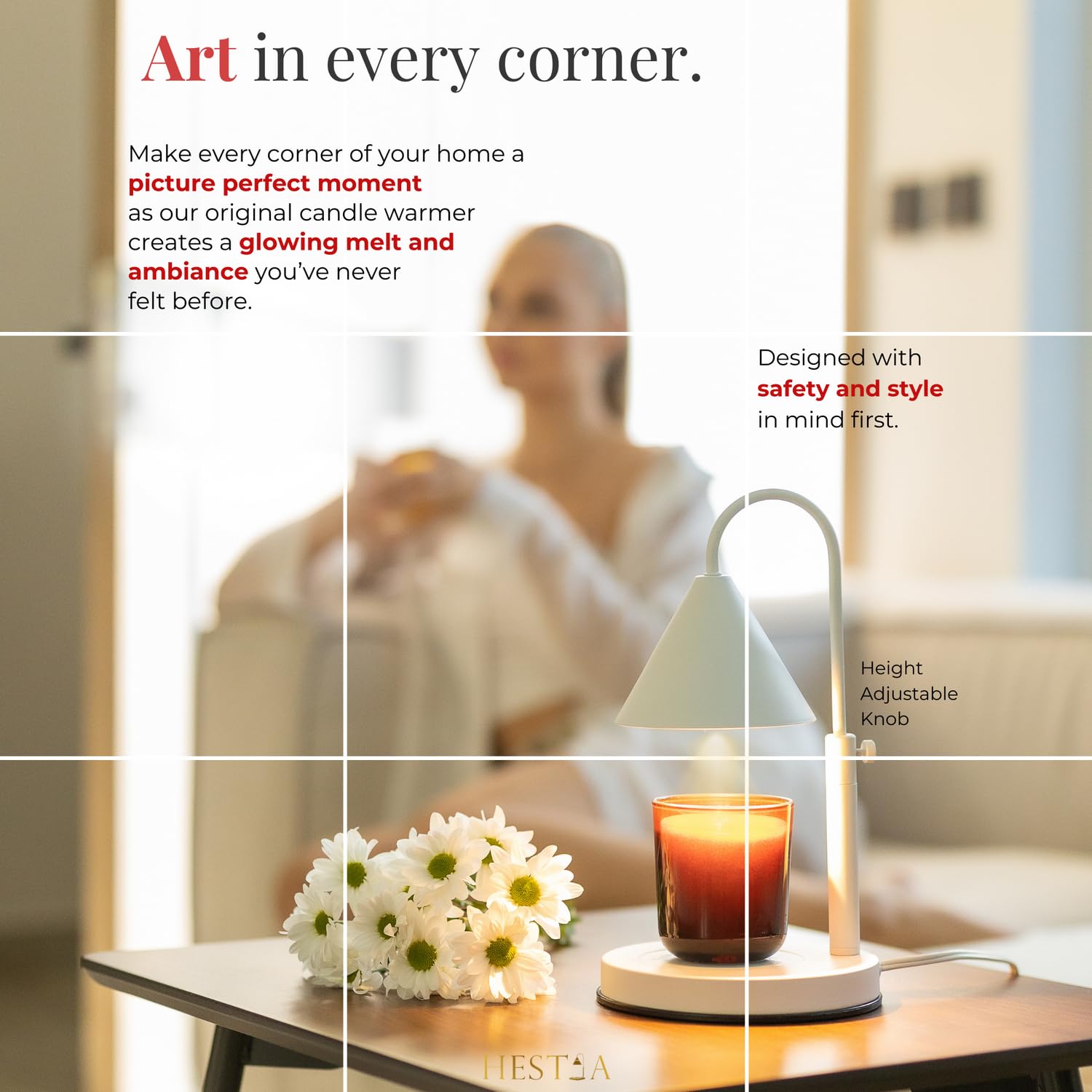 Hestia Angelo Electric Candle Warmer Lamp with Timer - Height Adjustable Wax Melter for Yankee Candle Jars, Includes 3 Wick Candles - Perfect Gift for Mom, Home Decor & Aromatherapy (Black) - Ideal for Bedroom, Living Room, Office Relaxation and Romantic Ambiance