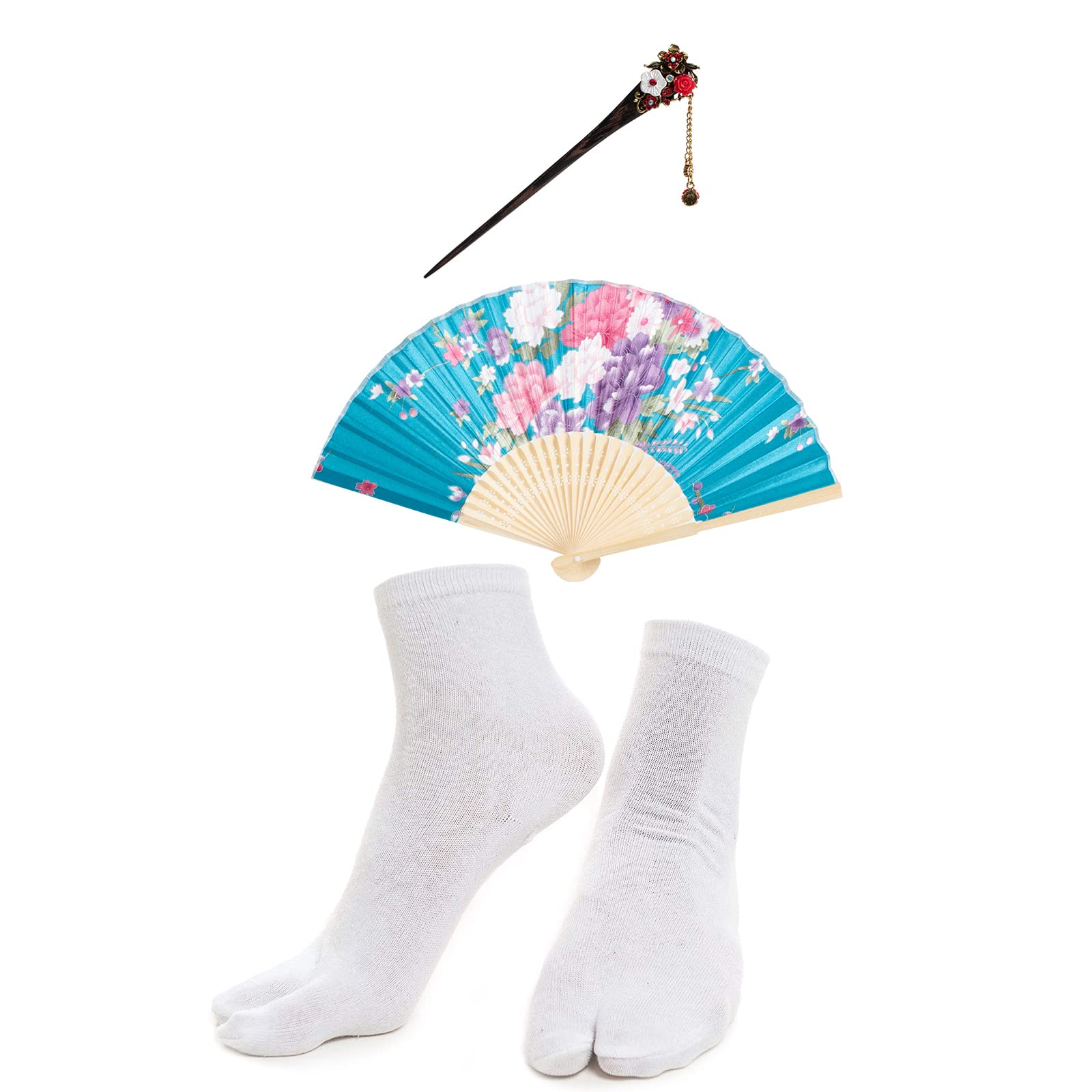 Japanese Anime Women's Dance Kimono Robe with Silk Folding Fan & Tabi Socks Set - Traditional Cosplay Costume for Halloween, Stage Performances and Themed Parties