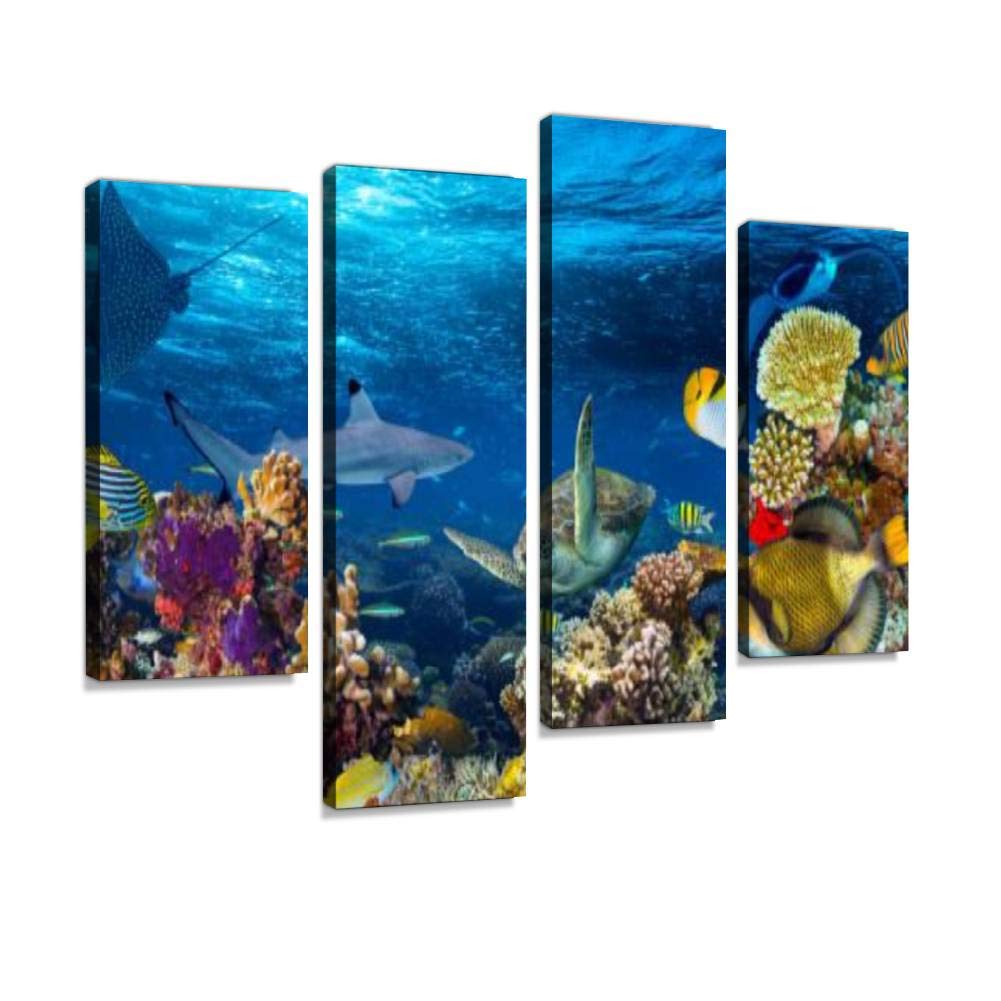 IGOONE 4 Panels Canvas Wall Art - Underwater Coral Reef Landscape Paintings, Modern Framed Posters Ready to Hang for Living Room, Bedroom & Office Decor | Perfect for Coastal, Beach & Nautical Theme Home Interiors