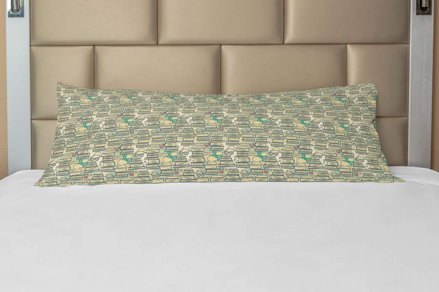 Ambesonne Book Lover Body Pillow Case - Zippered Book Lovers Gift with Thought Bubbles, Glasses & Coffee Design - 21x54 Inch Cream Almond Green Decorative Pillow Cover for Reading Nook, Dorm Room, Library Decor