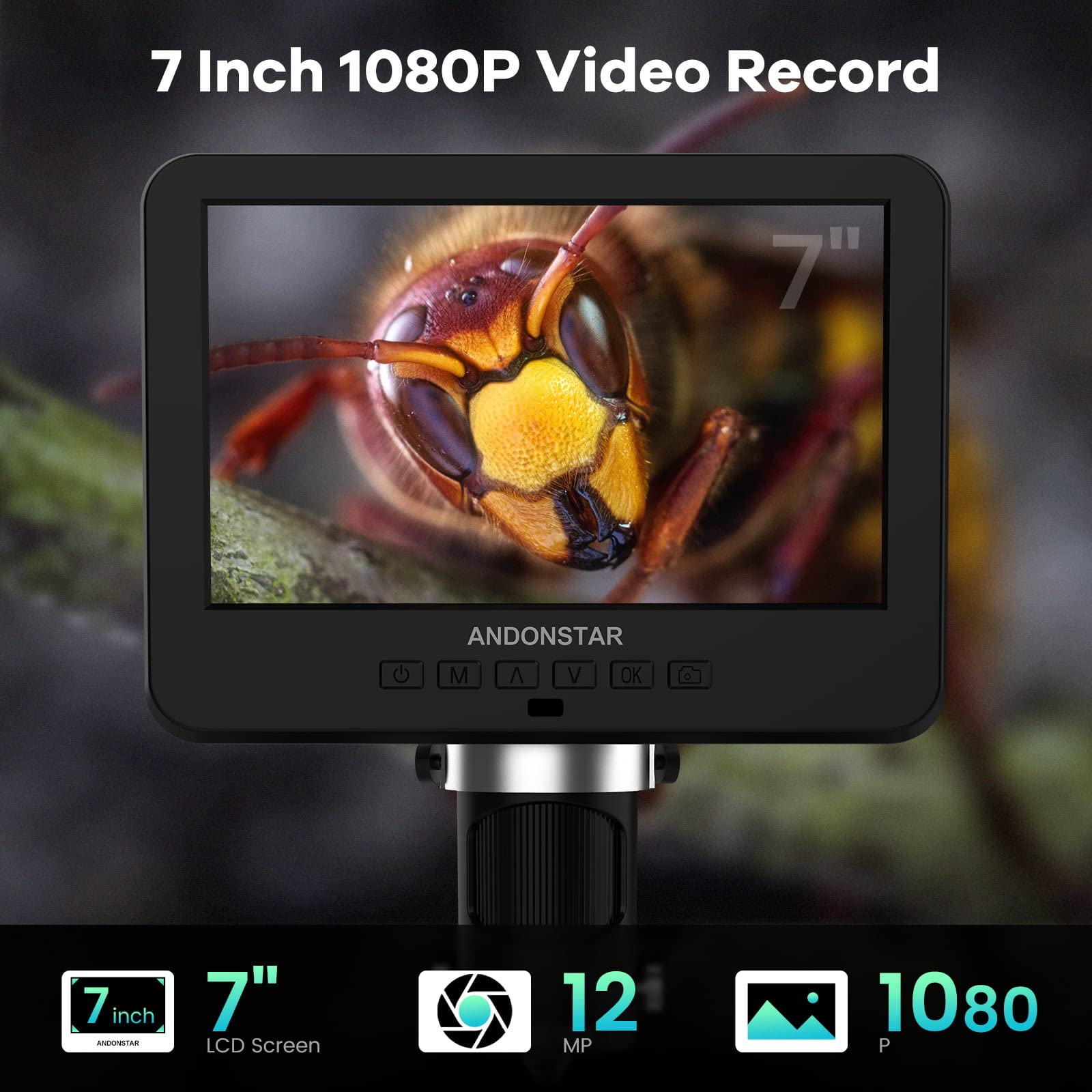 Andonstar AD246-M Digital Microscope with 3 Lenses - 7 Inch LCD 500x Magnification, 1080P FHD Video Recording, 32GB Card Included - Perfect for Soldering, Coin Inspection, Biology Studies & Electronics Repair