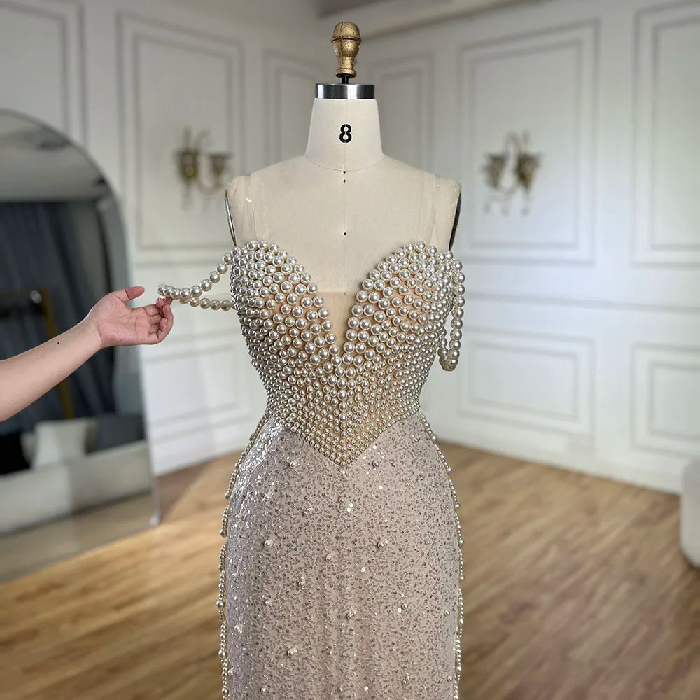 Elegant Beaded Pearl Mermaid Evening Dress for Women | Luxury Dubai Wedding Party Gown with Spaghetti Straps | Perfect for Bridal Showers, Galas & Formal Events - LA72393
