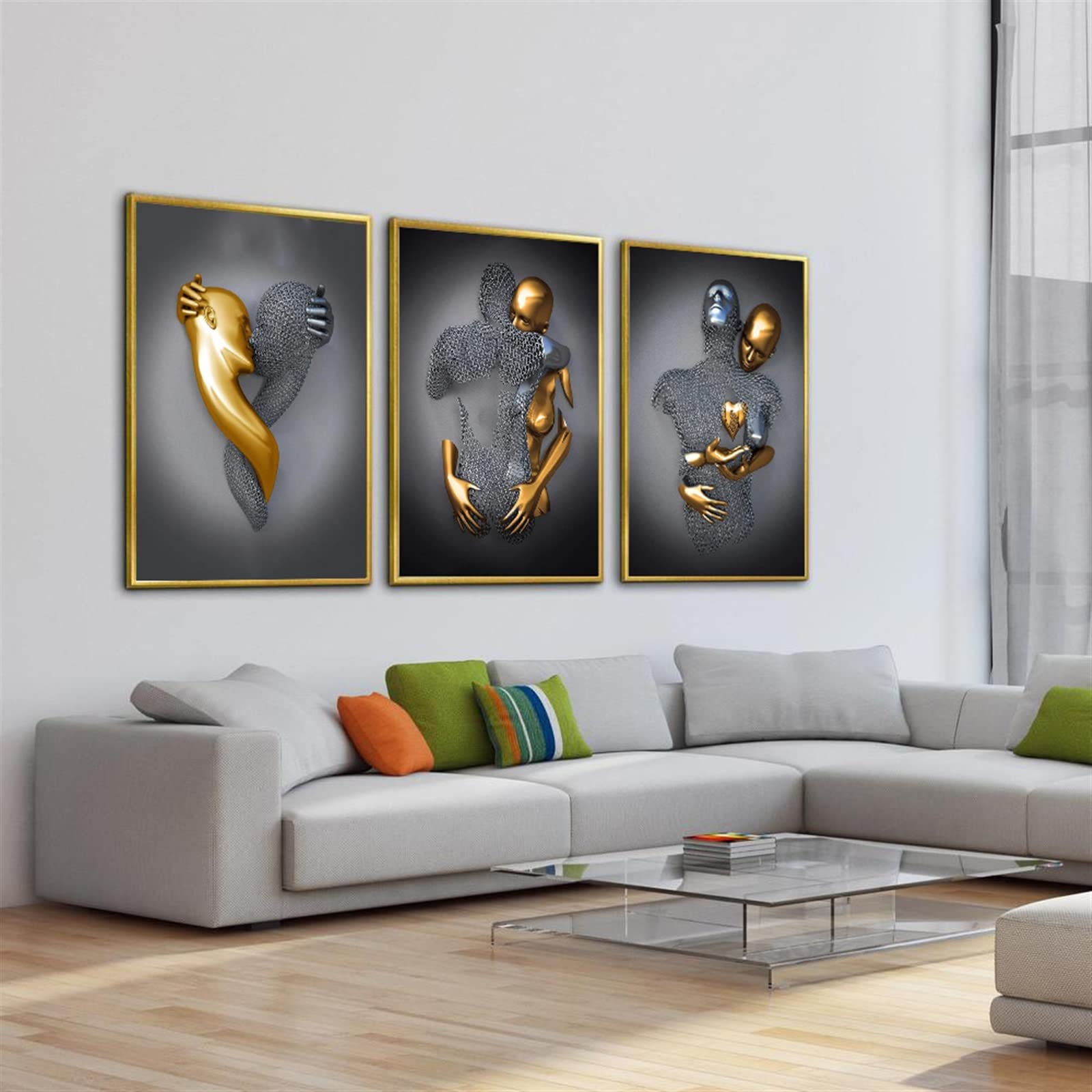 3D Love Heart Wall Art Decor - Gray & Gold Romantic Couple Hug Abstract Painting, Modern Metal Sculpture Effect Print for Bedroom, Living Room, Bathroom | Perfect for Valentine's Gifts, Anniversary Decor & Home Styling