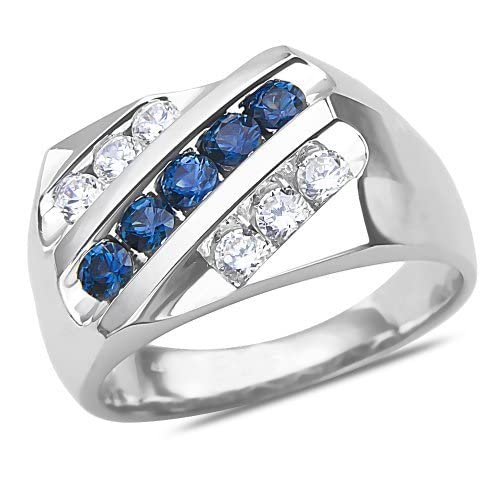 10K Solid White Gold Men's 3 Row Slant Round Shaped 1/2ct Diamond & Sapphire Wedding Band Ring - Elegant Jewelry for Engagement, Anniversary & Special Occasions