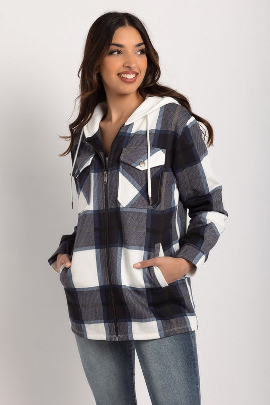 Plaid Fleece Zip Front Hooded Shirt for Men & Women - Warm Winter Flannel Shacket Jacket - Cozy Outdoor Hiking, Camping & Casual Wear
