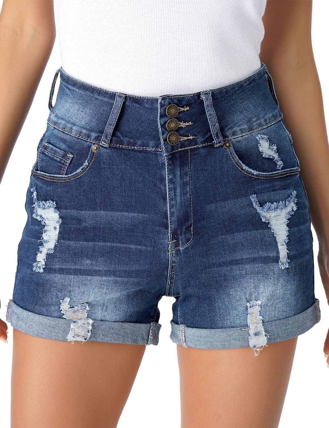 Luvamia Women's High Waisted Ripped Denim Jean Shorts - Stretchy Comfort with Folded Hem for Casual Outfits & Summer Fashion