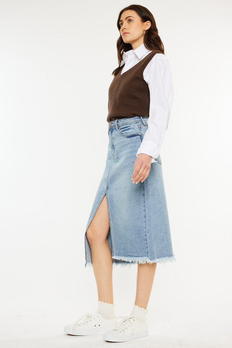 Indigo High Rise Midi Skirt for Women - Stretchy A-Line Denim Skirt with Pockets | Perfect for Casual Outfits, Office Wear & Date Nights