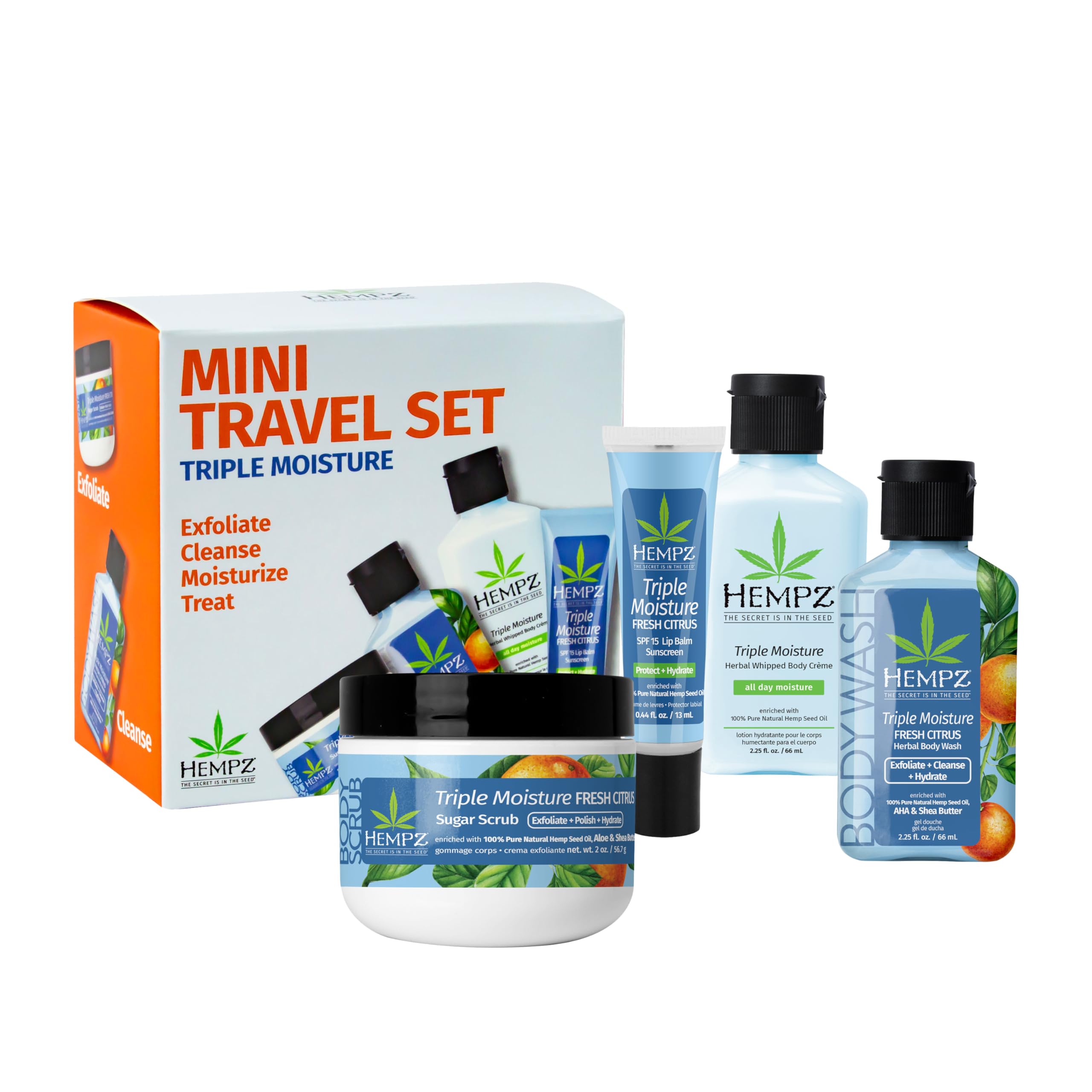 Hempz Mini Sweet Treats Travel Kit - 4 Piece Gift Set with Mini Body Wash, Body Lotion, Body Scrub & Lip Balm in Triple Moisture Scent | Perfect for Spa Day, Vacation & Gifts