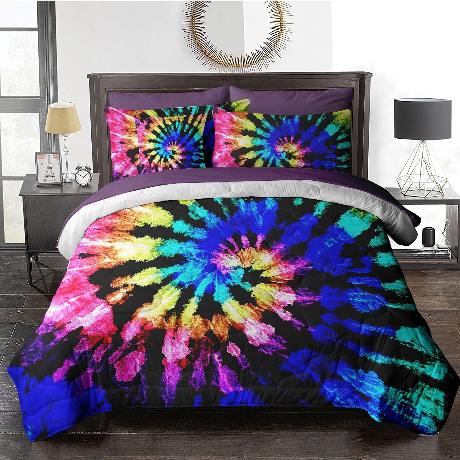 BlessLiving Bohemian Queen Size Tie Dye Comforter Set - 8 Piece Reversible Blue & Purple Bedding (Comforter, Pillowcases, Shams, Sheets) for Bedroom Decor & Guest Room Styling