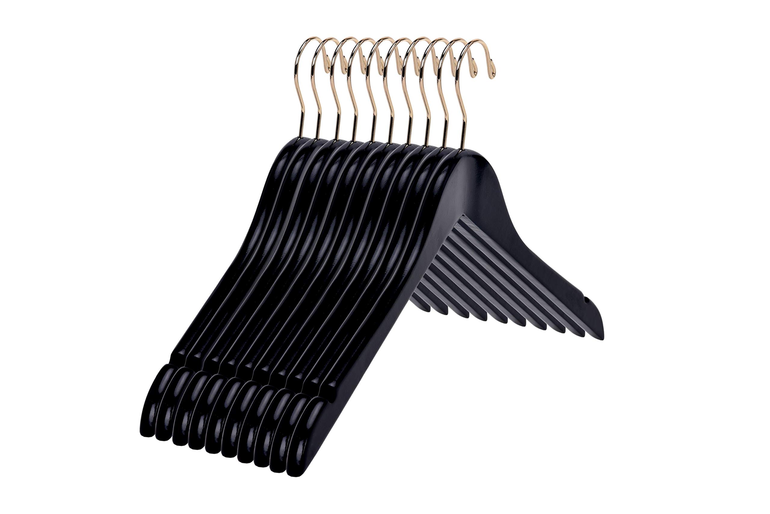 Premium Black Semi-Curved Wooden Suit Hangers - 10-Pack Smooth Finish Solid Wood Coat Hangers with Swivel Hook for Jackets, Pants & Dresses (Black & Gold, 10) - Ideal for Closet Organization, Wardrobe Storage & Luxury Garment Care