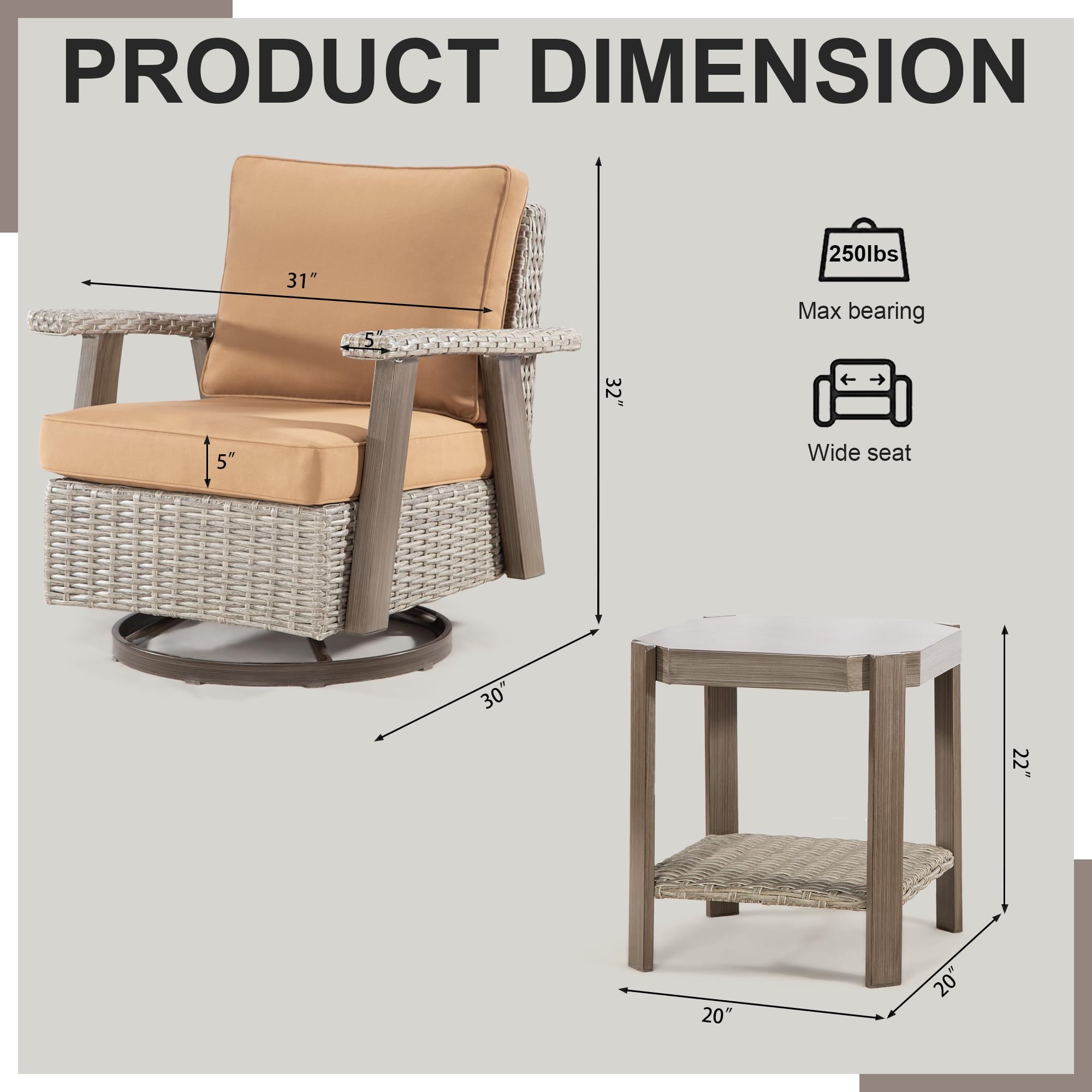360° Swivel Rocker Patio Chair with Side Table - 2-Piece Outdoor Wicker Furniture Set, Durable Fabric Cushion & Ergonomic Design (Grey/Camel) - Perfect for Backyard, Poolside & Garden Relaxation