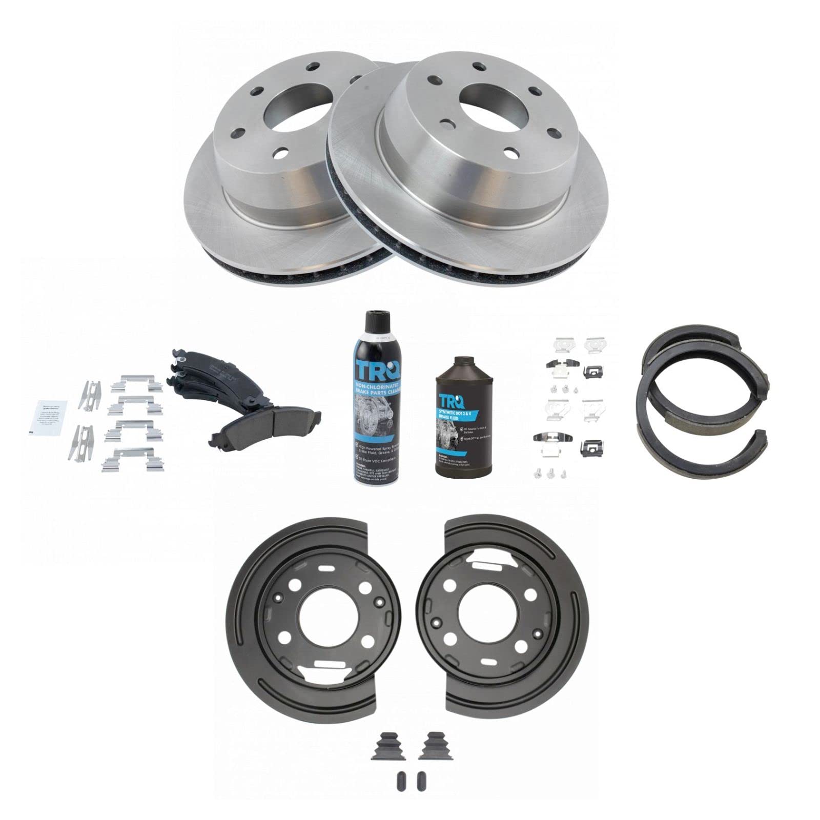 High-Quality Rear Ceramic Brake Pads & Rotors Kit with Parking Shoes, Backing Plates & Fluids for GM Vehicles - Perfect for Smooth Braking & Long-Lasting Performance in City Driving & Highway Commutes