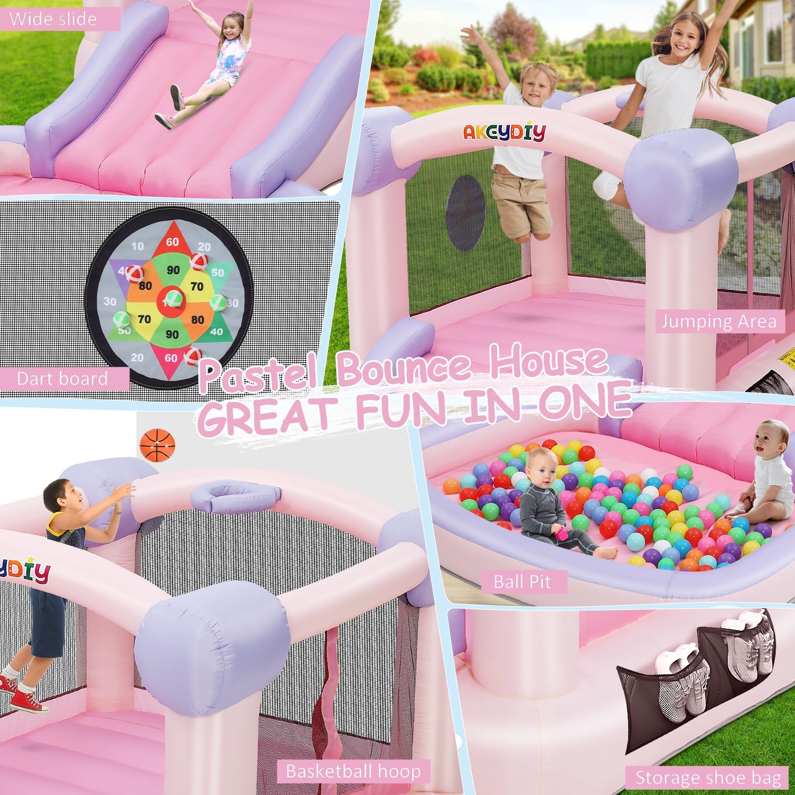 Pastel Inflatable Bounce House with Slide - 161x82x63 Inch Kids Bouncy Castle | Includes Blower, Basketball Hoop & 50 Pastel Balls | Indoor & Outdoor Party Playhouse for Boys & Girls Birthday | Perfect for Backyard, Park & Birthday Celebrations