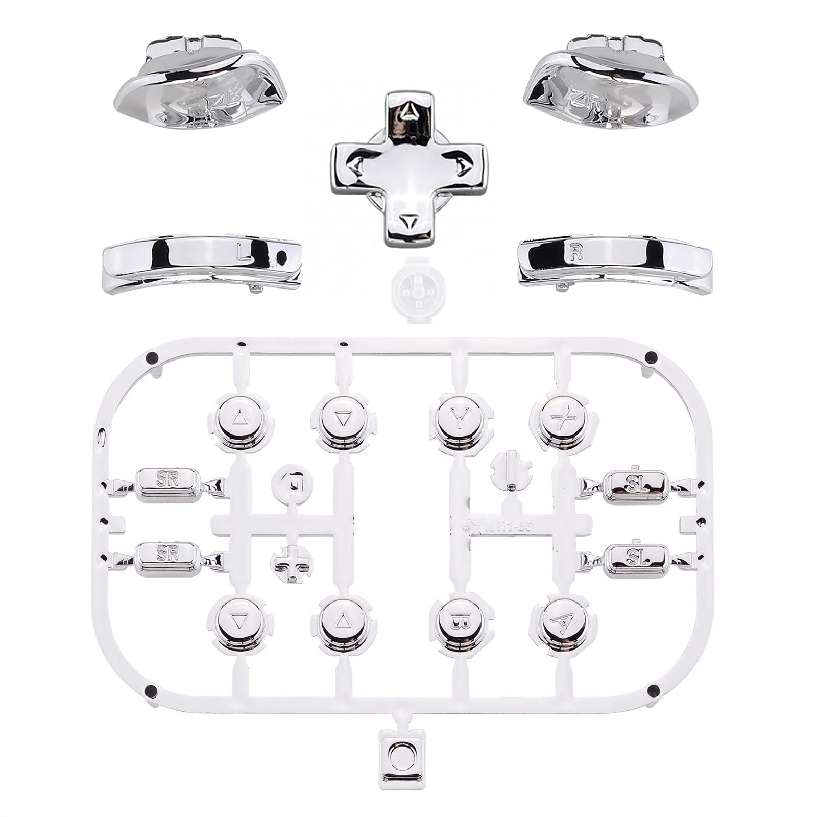 ExtremeRate Chrome Silver D-Pad & ABXY Button Replacement Kit for Nintendo Switch & OLED Joy-Con - Full Set with SR SL L R ZR ZL Triggers & Springs (D-Pad Compatible with ExtremeRate Shell Only) - Perfect for DIY Repairs & Controller Customization