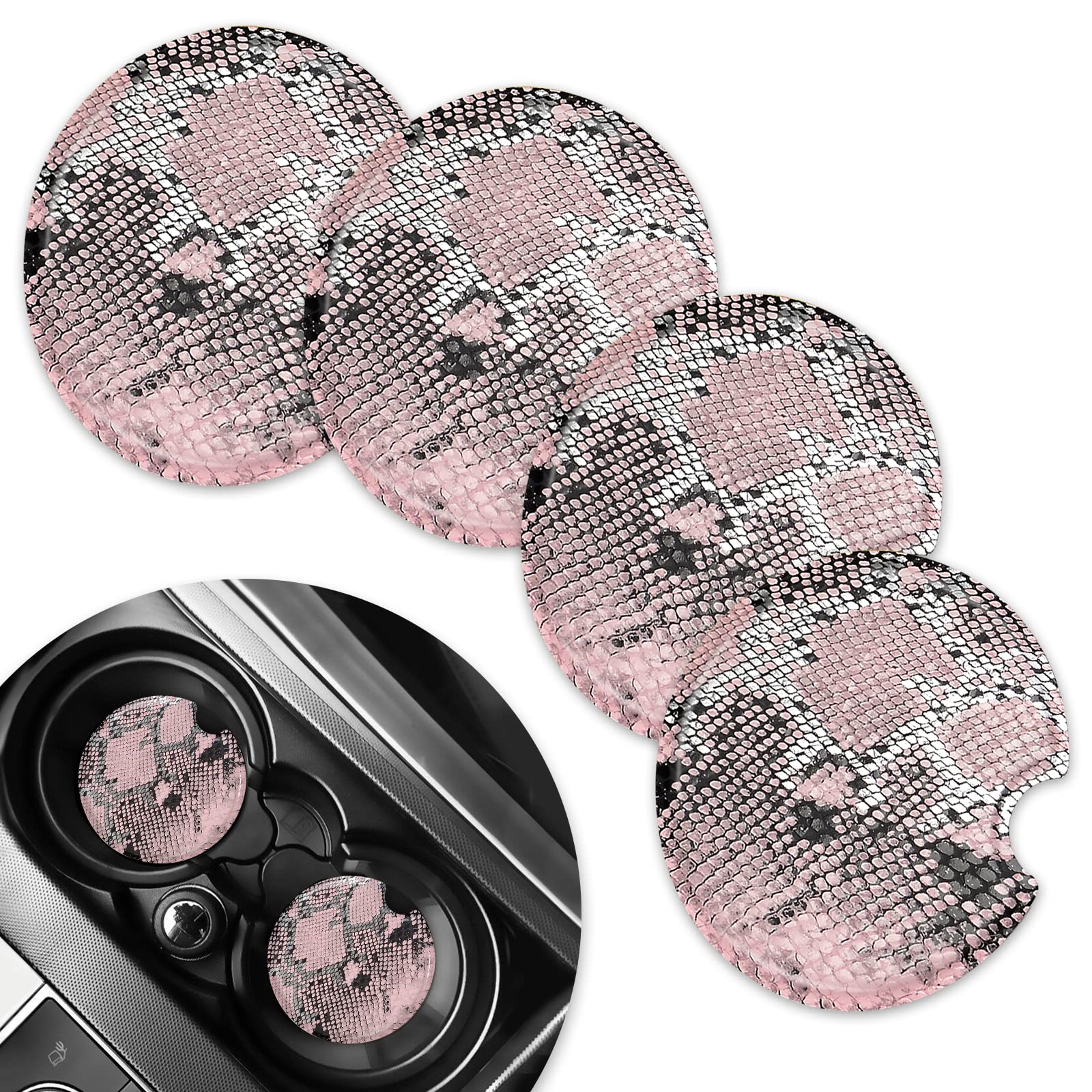 SHANSHUI 4 Pack Universal Car Coasters for Cup Holders - Cute Anti-Slip Removable Vehicle Accessories for Women, Fits Most Car Interiors (Pinksnake) - Perfect for Road Trips, Daily Commutes, and Coffee Lovers