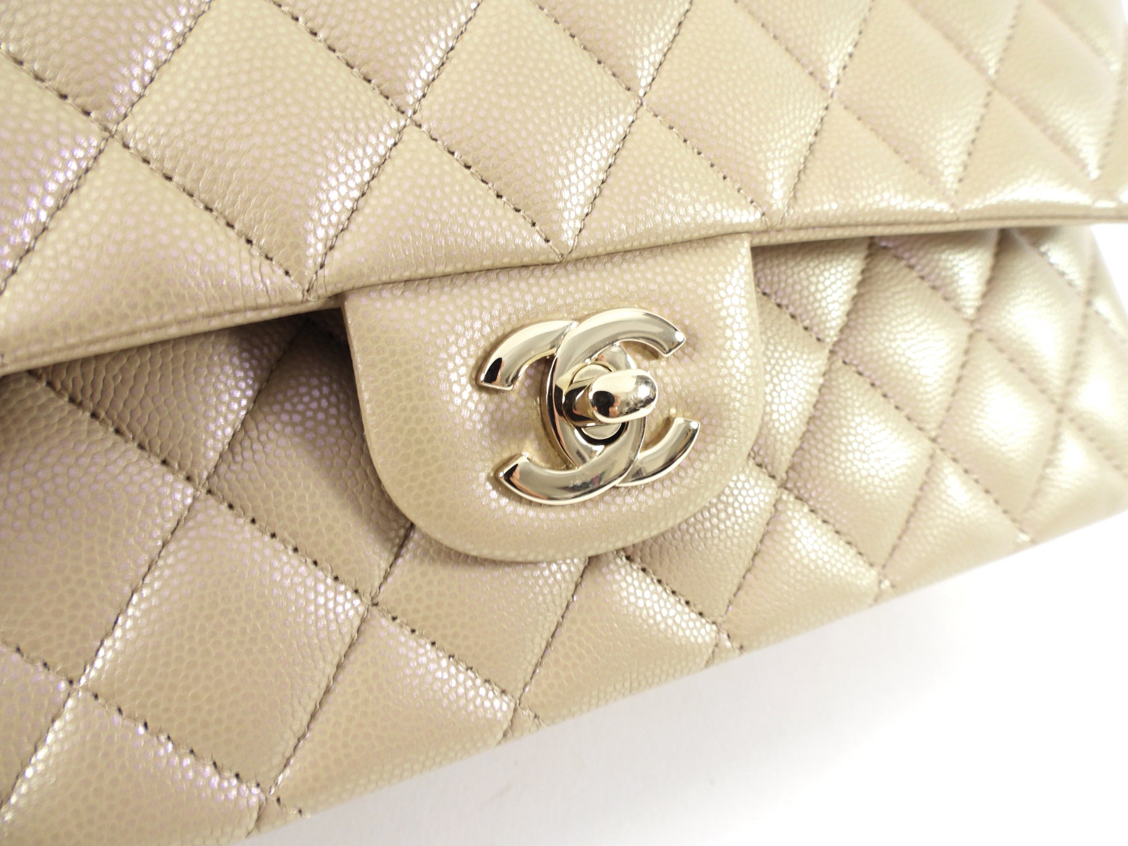 Chanel 21S Beige Iridescent Classic Medium Double Flap Caviar Gold Hardware Bag - Luxury Handbag for Women, Perfect for Parties & Special Occasions