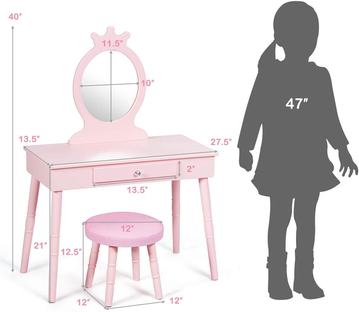 GOFLAME Pink Wooden Princess Vanity Set for Girls - Kids Dressing Table with Real Mirror, Makeup Play Set, Pull-Out Drawer & Cushioned Stool - Perfect for Pretend Play, Birthday Gifts & Bedroom Decor