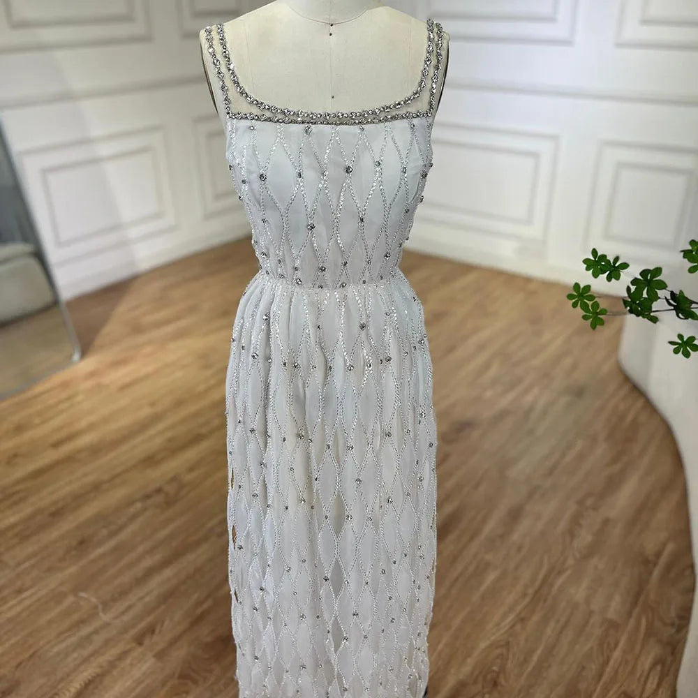 Luxury Crystal Dubai White Evening Dress for Women - Square Neckline Midi Formal Gown for Wedding, Prom, Party | Elegant & Comfortable for Special Occasions