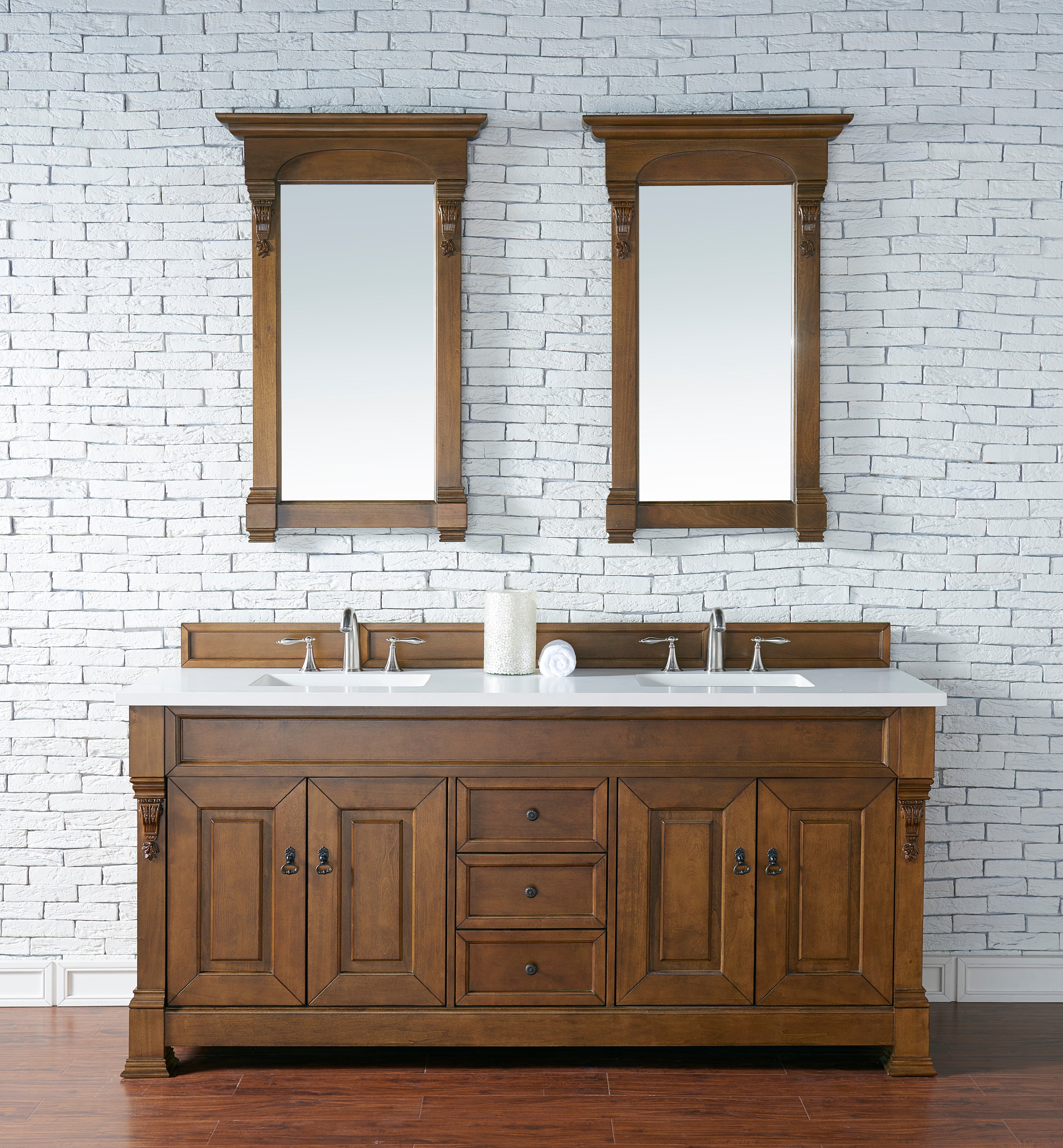 Brookfield 72 Inch Double Vanity with Country Oak Finish & 3CM Classic White Quartz Countertop - Perfect for Bathroom Remodeling and Modern Farmhouse Style Homes
