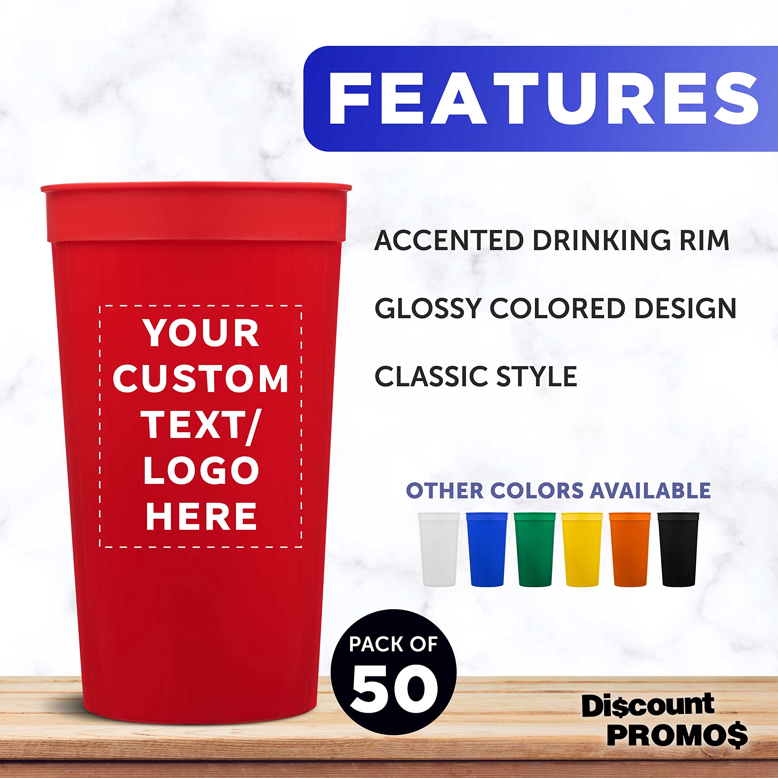Custom 32 oz Plastic Stadium Cups - Bulk Pack of 50 Personalized Cups for Sports Events, Parties, Beach Picnics & Summer Celebrations - Durable Red Drinkware for Tailgating, BBQs, and Outdoor Gatherings