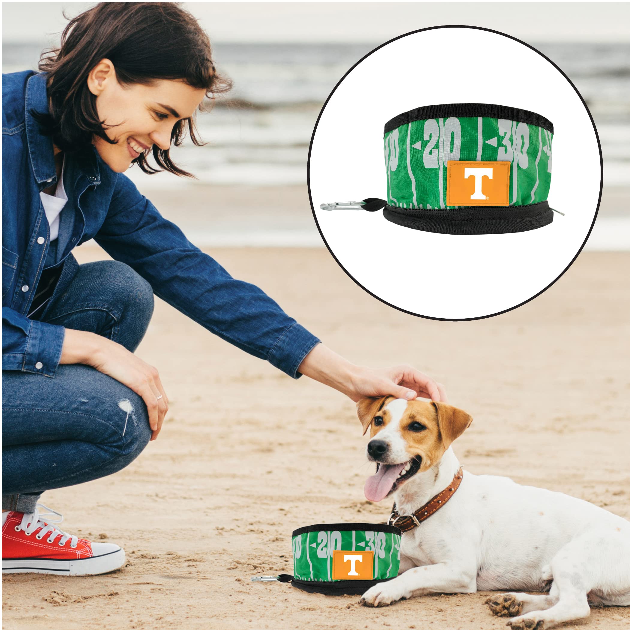 NCAA Tennessee Volunteers Collapsible Dog Travel Bowl - Portable Pet Food & Water Bowl for Dogs & Cats | Lightweight Leak-Proof Design with Football Field & Pebble-Grain Pattern | Perfect for Hiking, Camping & Road Trips