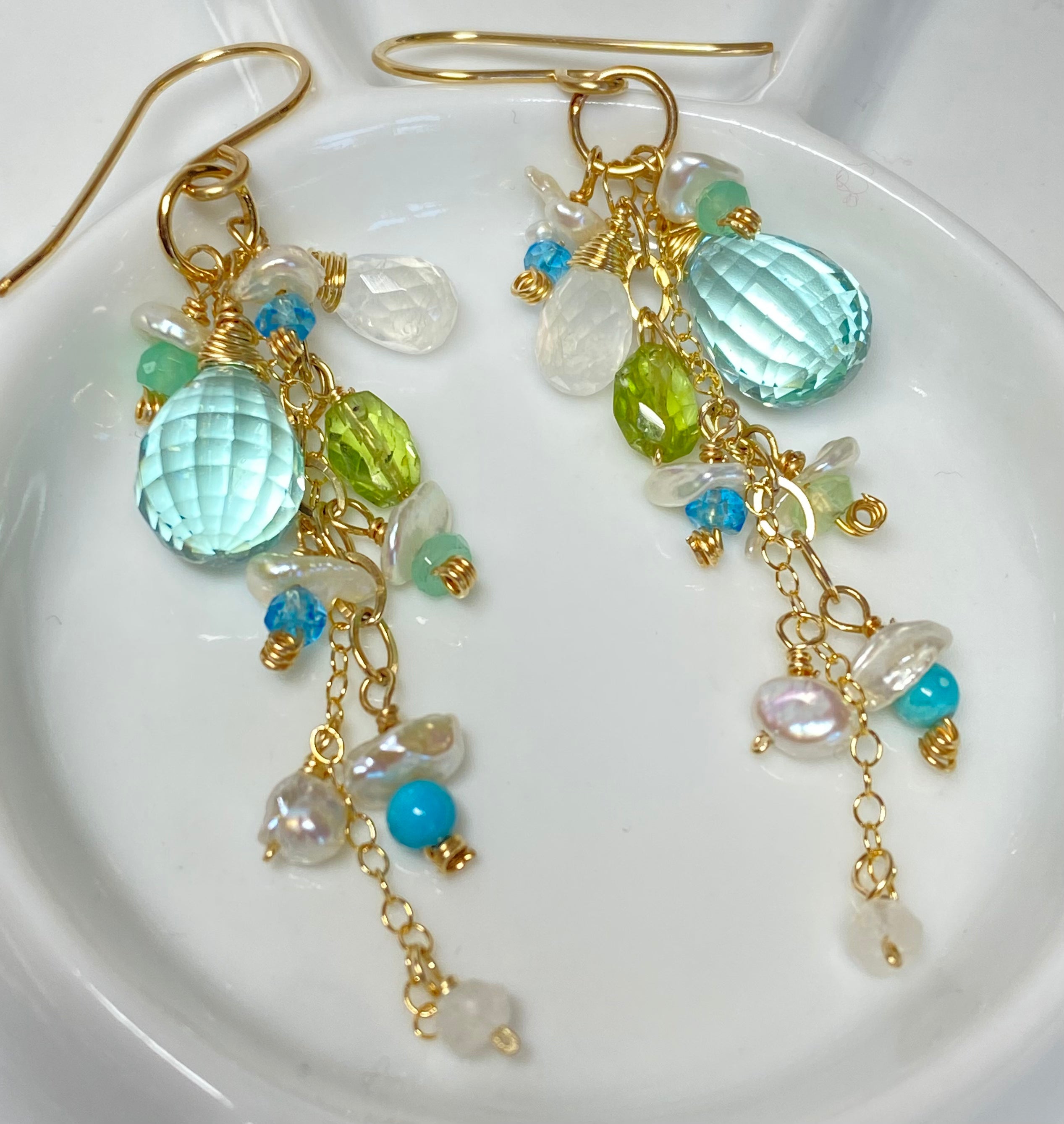 Elegant Aqua Gemstone Pearl Dangle Earrings - 14K Gold Filled Drop Earrings for Women | Perfect for Weddings, Parties & Evening Events