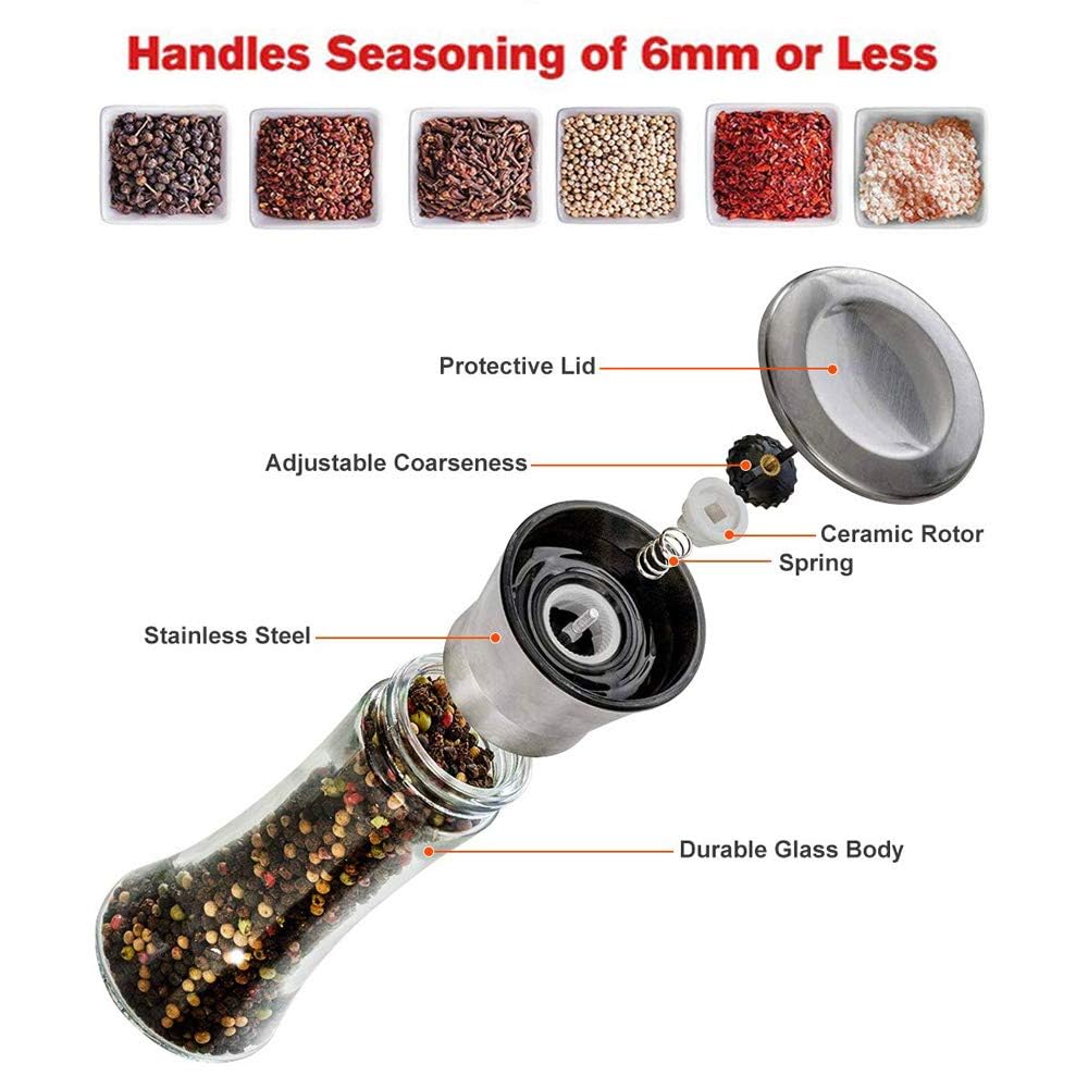 Premium Salt and Pepper Grinder Set - Adjustable Coarseness, Refillable Manual Mill with Stainless Steel Lid & Glass Body - Ideal for Home Kitchen, BBQ, Dining Table & Gourmet Cooking