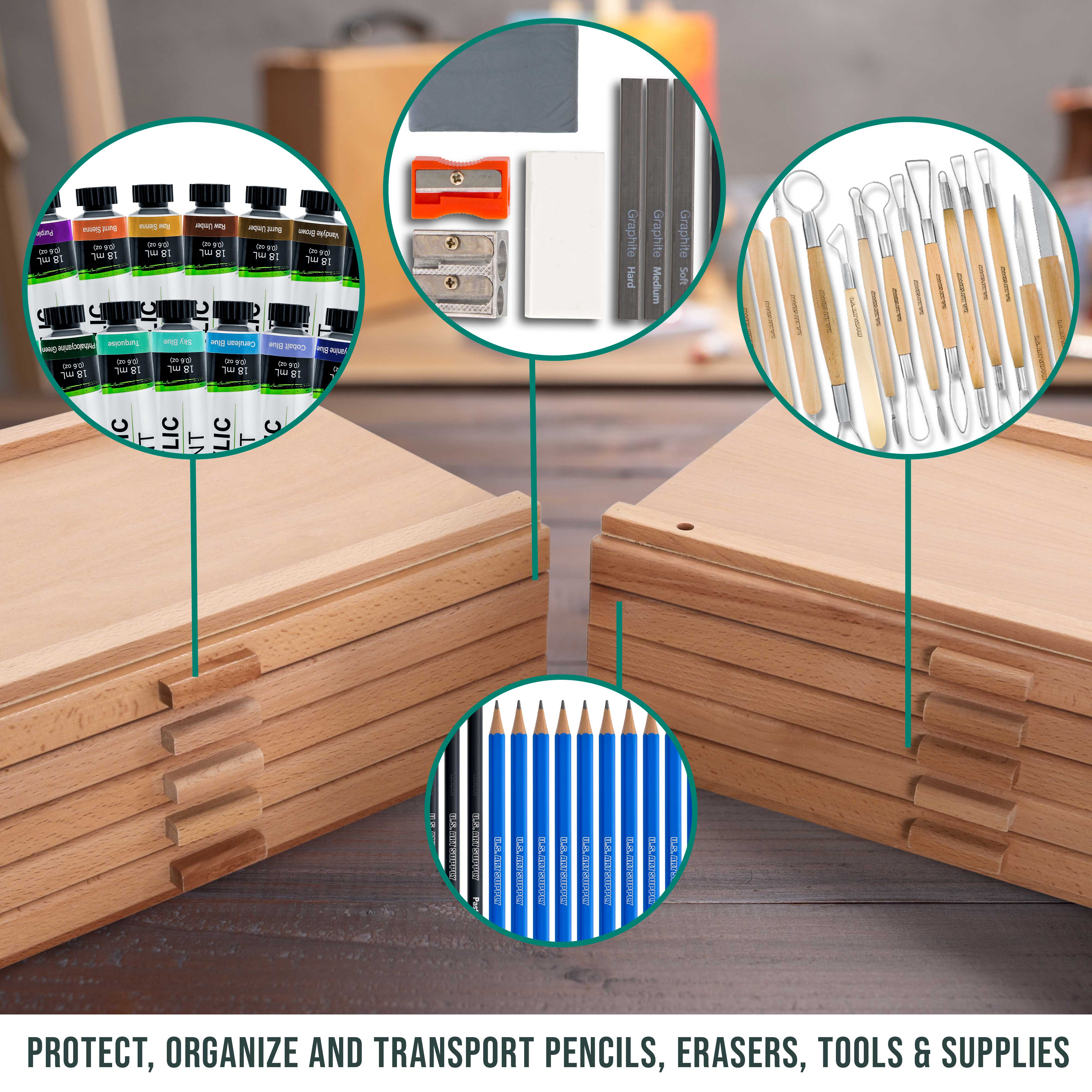 10-Drawer Stackable Wooden Art Supply Organizer - Elm Hardwood Storage Box for Pastels, Pens, Markers & Pencils - 5 Compartments per Drawer - Perfect for Artists, Students & Craft Rooms
