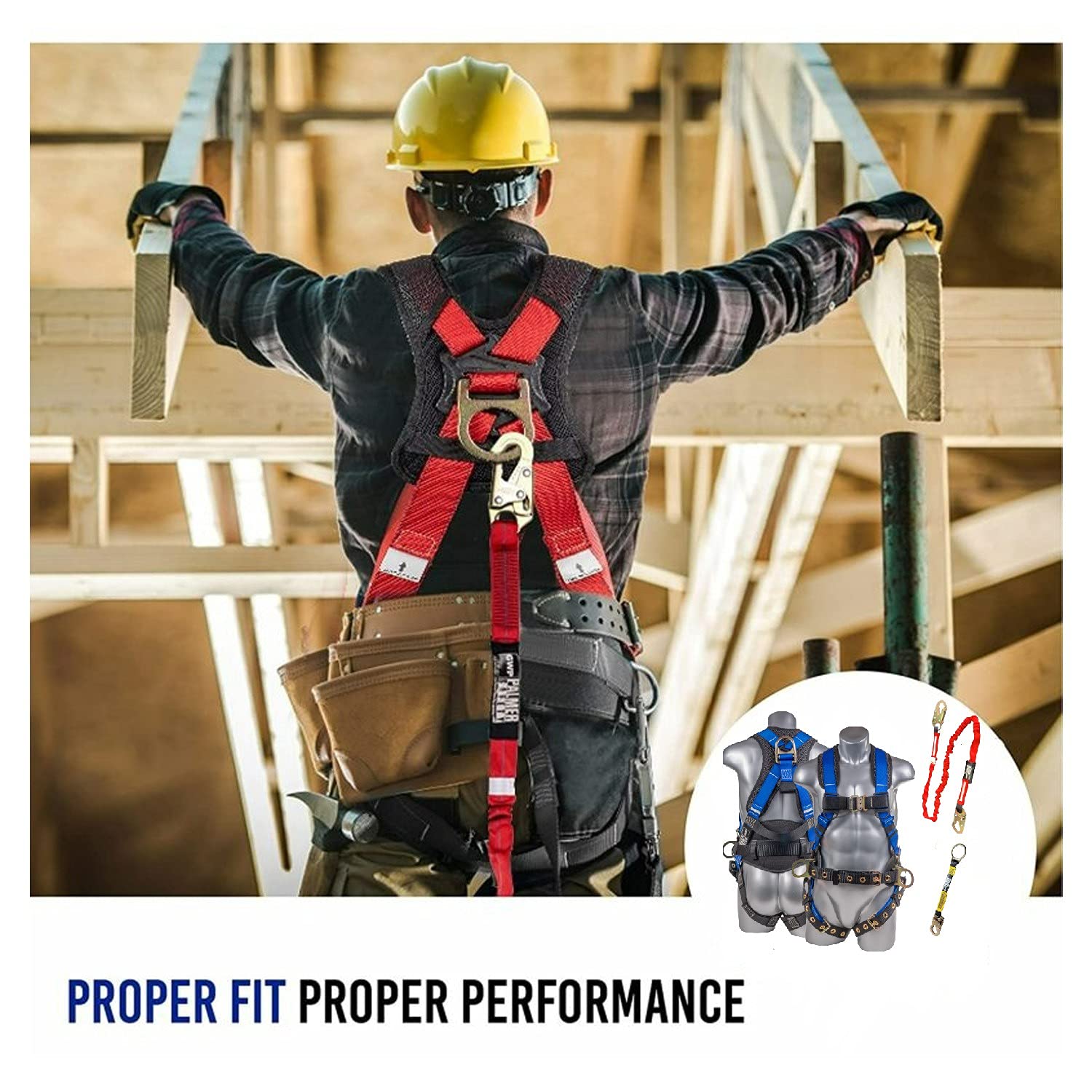 Palmer Safety Fall Protection Hammerhead Kit - 5 Point Safety Harness, 6ft Double Leg Lanyard, 18 Inch D-Ring Extender (Blue, Medium) | OSHA Compliant for Construction, Roofing & Industrial Work
