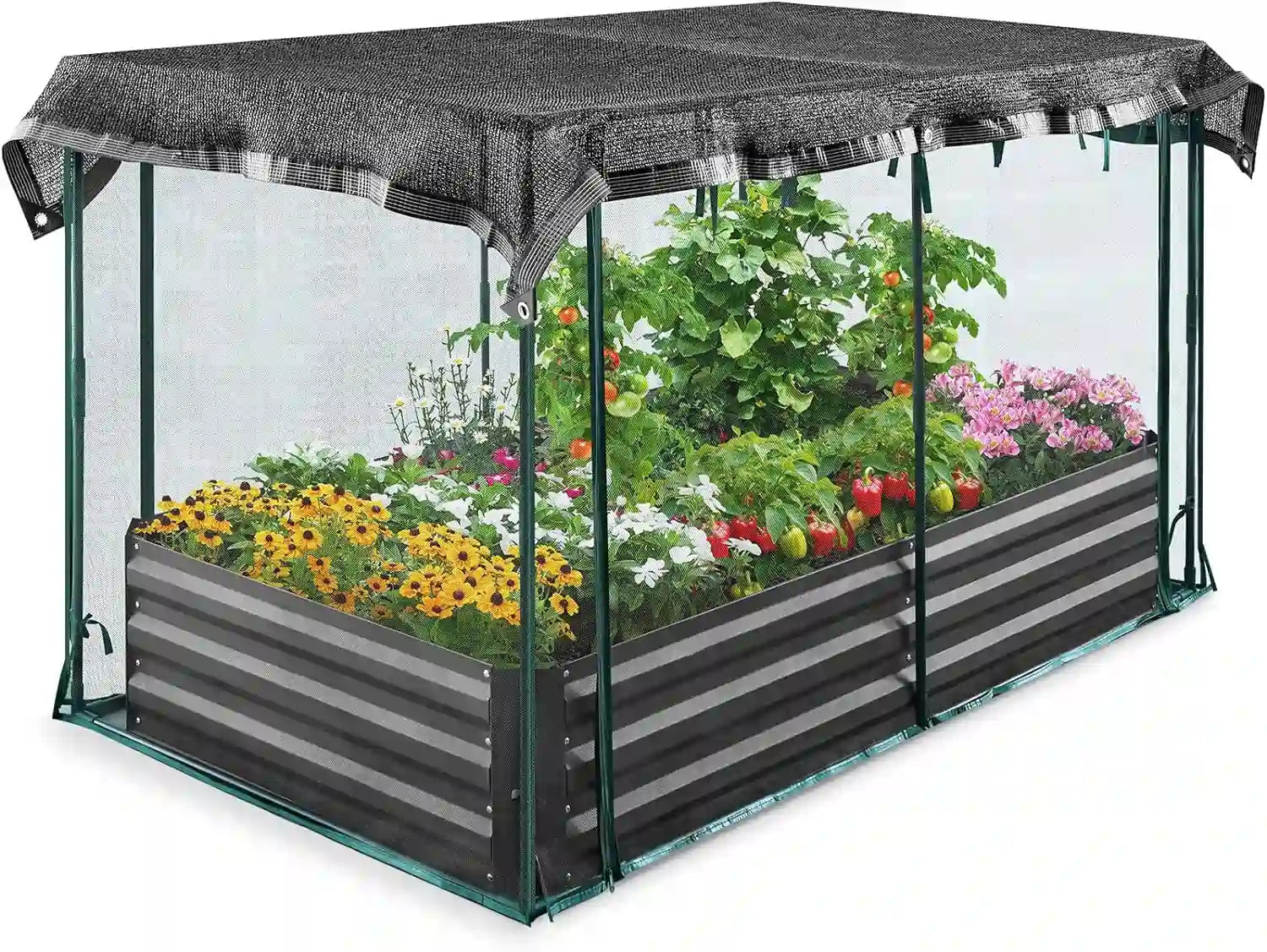 Durable Galvanized Steel Raised Garden Bed with Protective Netting - Perfect for Outdoor Gardening, Vegetables, Flowers, and Herbs
