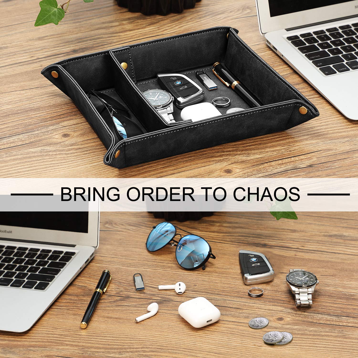 SITHON Valet Tray - 2 Compartment Desktop Organizer for Keys, Jewelry & Essentials | Removable Catchall Tray for Nightstand, Vanity & Office | Black Storage Plate for Bedside, Dresser & Desk Organization