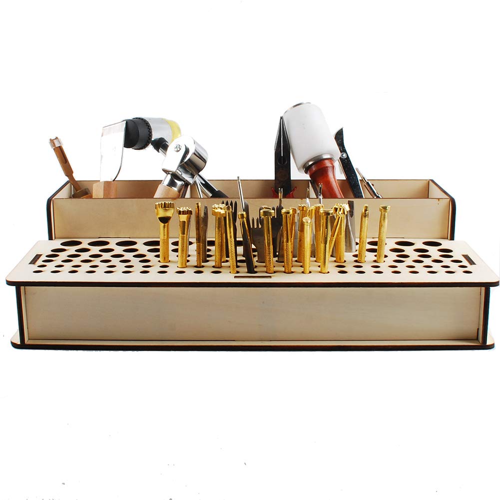 Premium Wooden Leather Craft Tool Storage Box - Leather Tool Organizer & Punch Tool Holder with Shelf - Durable Wood Box for Leatherworking Tools (103) - Perfect for Leather Craft Workshops, DIY Projects & Professional Artisan Tool Organization