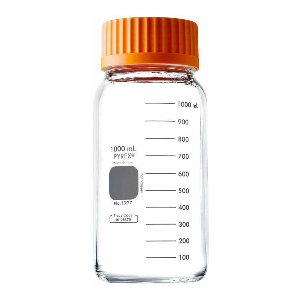 Pyrex Borosilicate Glass Media Storage Bottles - 1000ml Wide Mouth with GLS80 Screw Cap (Pack of 10) - Ideal for Laboratory, Home Brewing & DIY Projects