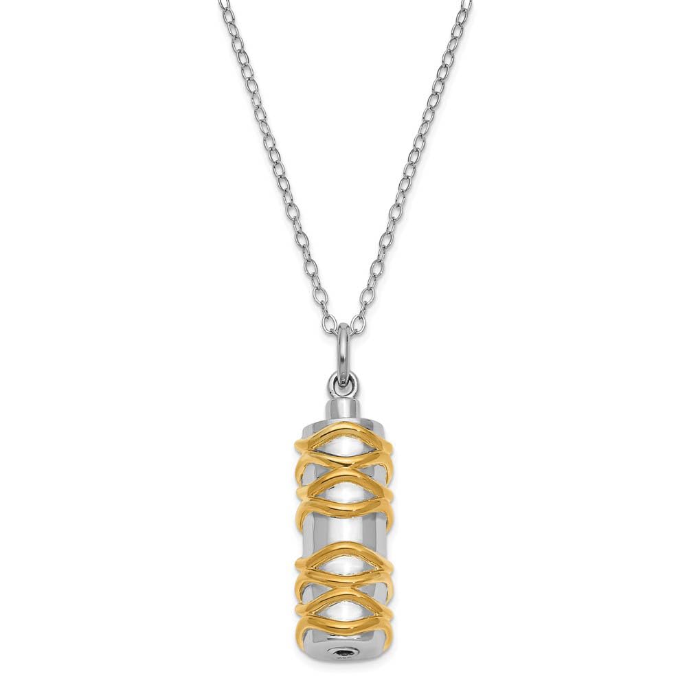 18 Inch Rhodium Plated Sterling Silver & Gold Tone Cylinder Ash Holder Necklace - Elegant Memorial Jewelry for Ashes Keepsake & Cremation Remembrance