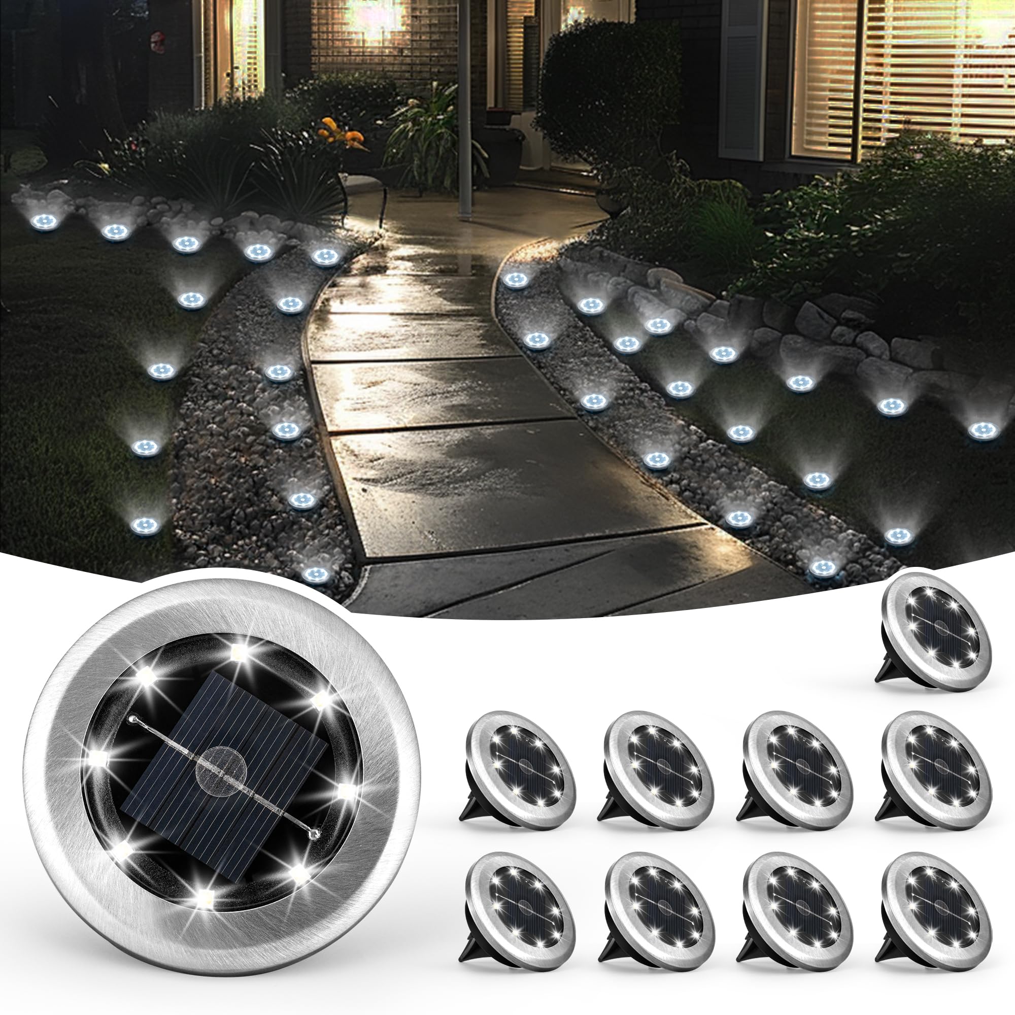 SOLPEX 10 Pack Mini Solar Ground Lights - Waterproof Outdoor Solar Pathway Lights for Garden, Yard, Driveway & Walkway - Cool White LED Landscape Lighting - Perfect for Patio, Deck, Lawn & Backyard Decor