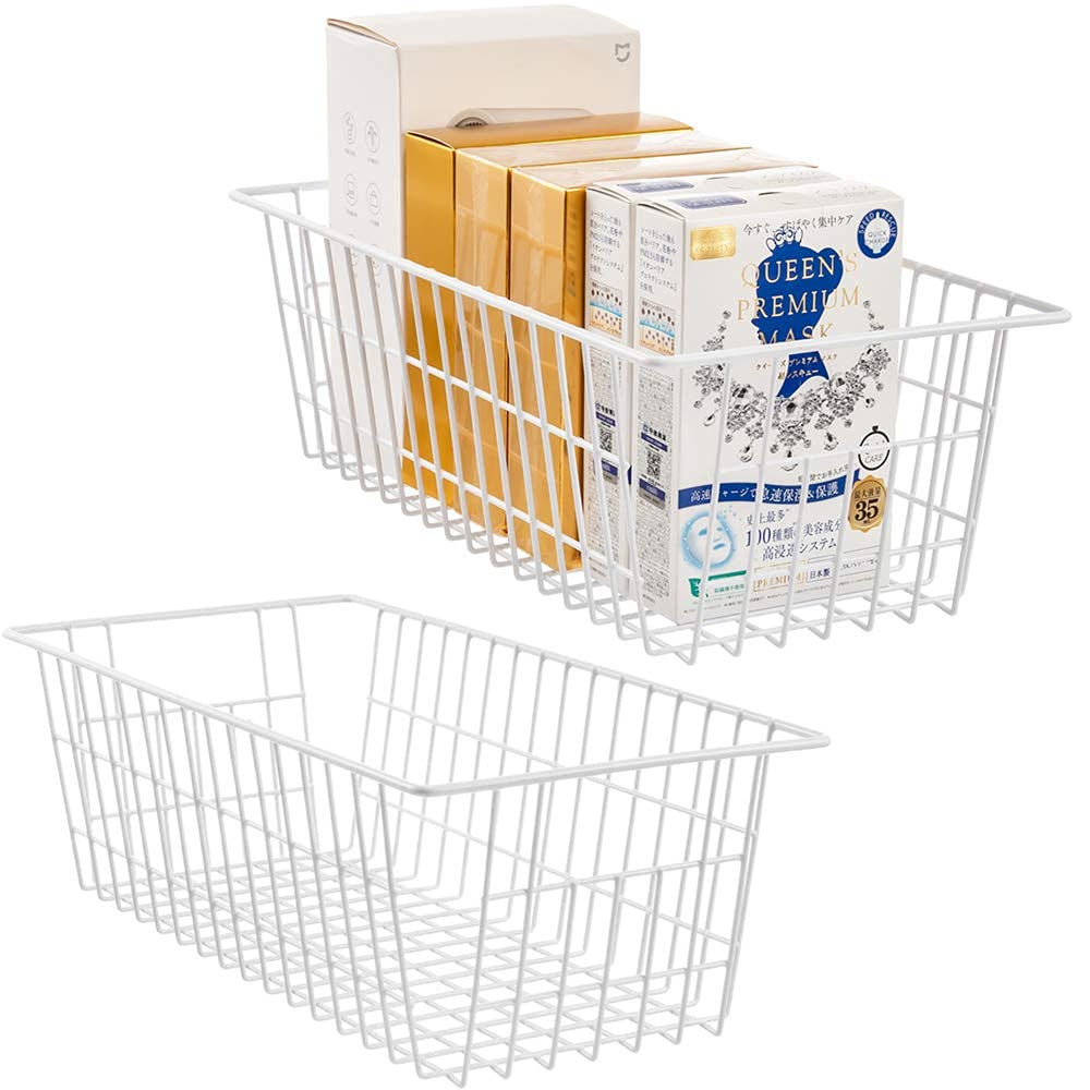 SANNO Metal Storage Baskets - Freezer & Pantry Organizer for Kitchen, Cabinet, Bathroom - White