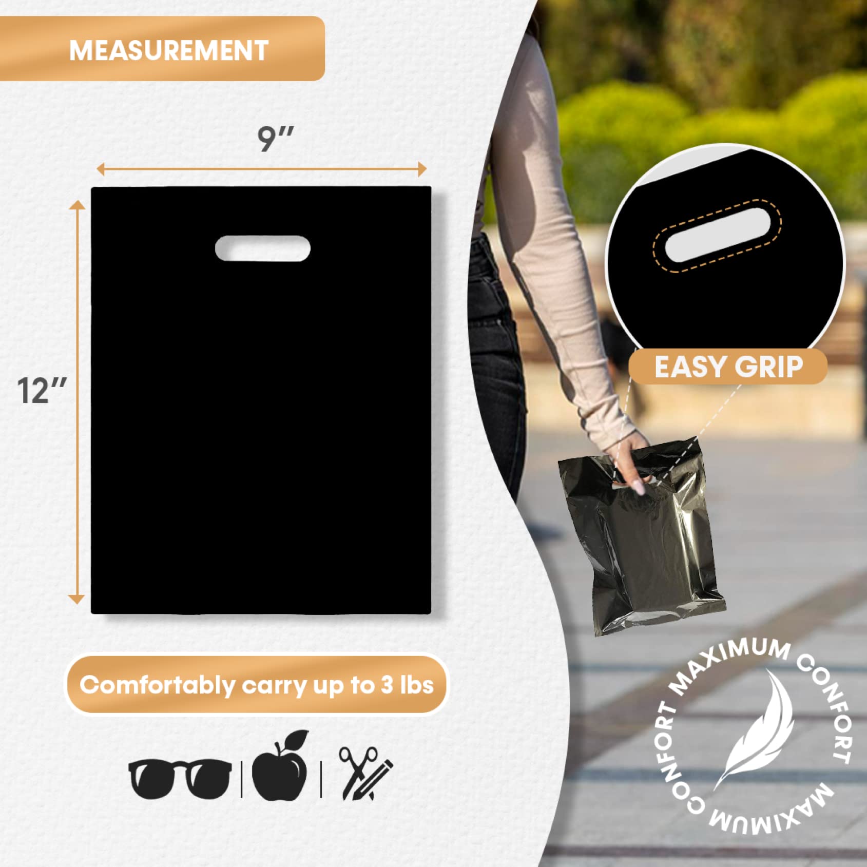 100 Black 9x12 Merchandise Bags with Die-Cut Handles - Strong, Durable & Tear-Resistant Shopping Bags for Retail Stores, Boutiques & Events - Perfect for Gift Wrapping, Product Packaging & Trade Shows