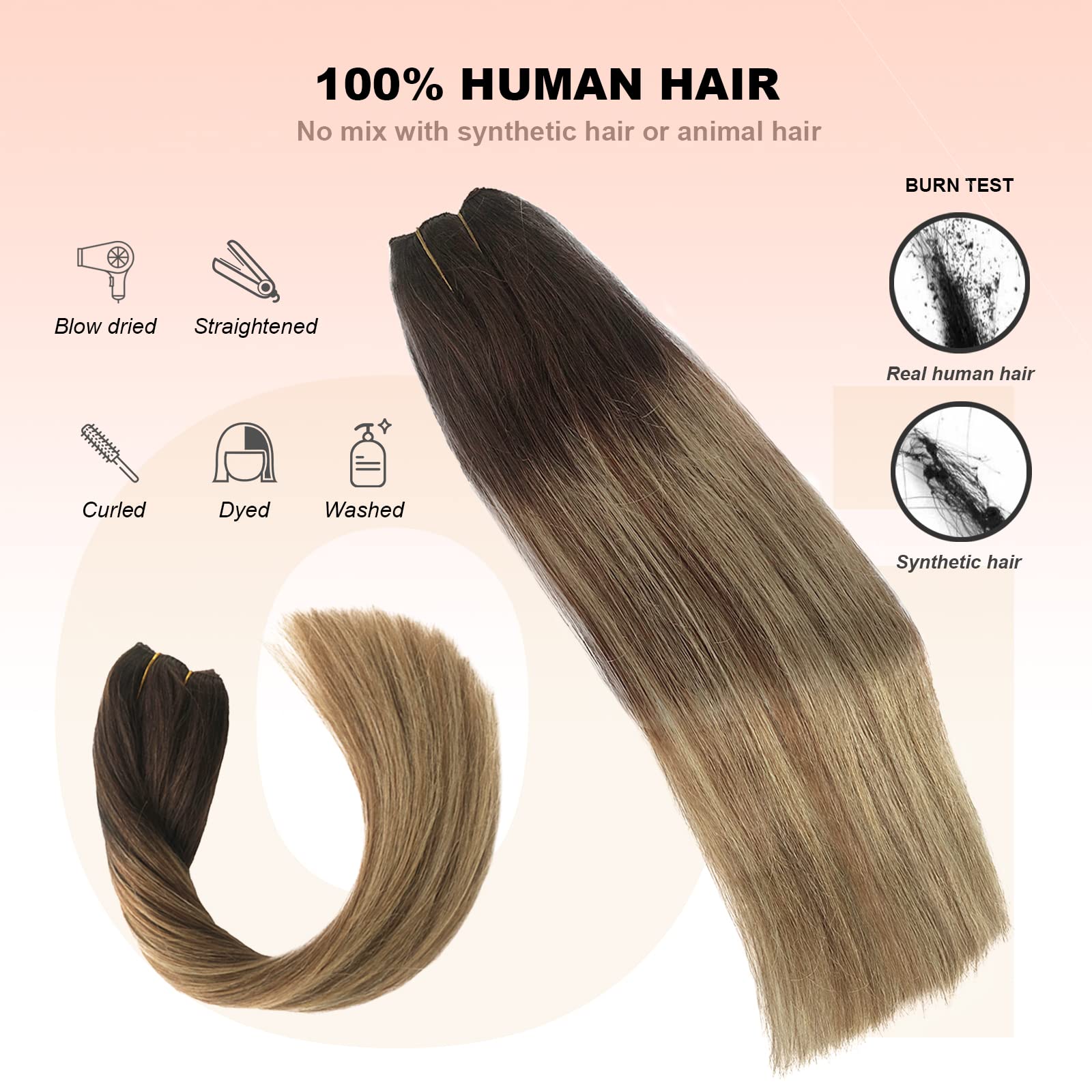 OiMiGO 20 Inch Human Hair Extensions with Invisible Fish Wire - Adjustable Size 100g (Brown Roots to Chocolate Brown Mix Beige Blonde Highlights) for Natural Volume & Length - Perfect for Parties, Weddings & Daily Styling