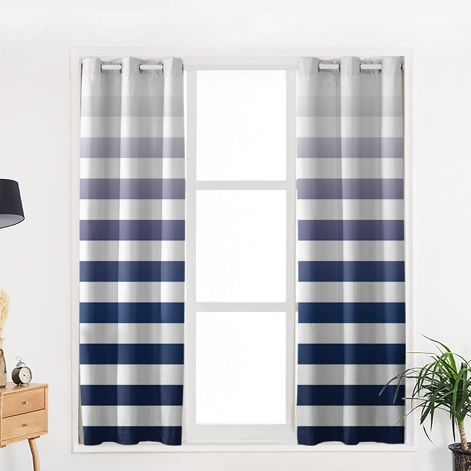 Navy Blue Stripe Gradient Blackout Curtains - Thermal Insulated Room Darkening Grommet Drapes for Living Room & Bedroom (2 Panels, 42x84 Inch) - Perfect for Home Theater, Nursery & Light Sleepers