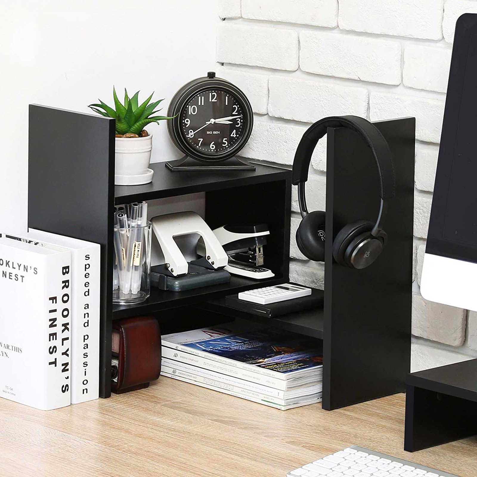 Adjustable Desktop Shelf Organizer - Expandable Bookshelf Display Rack for Office Storage | Versatile Desk Organizer with Free Style Design | Perfect for Home Office, Study Room & Workspace Organization (Black)