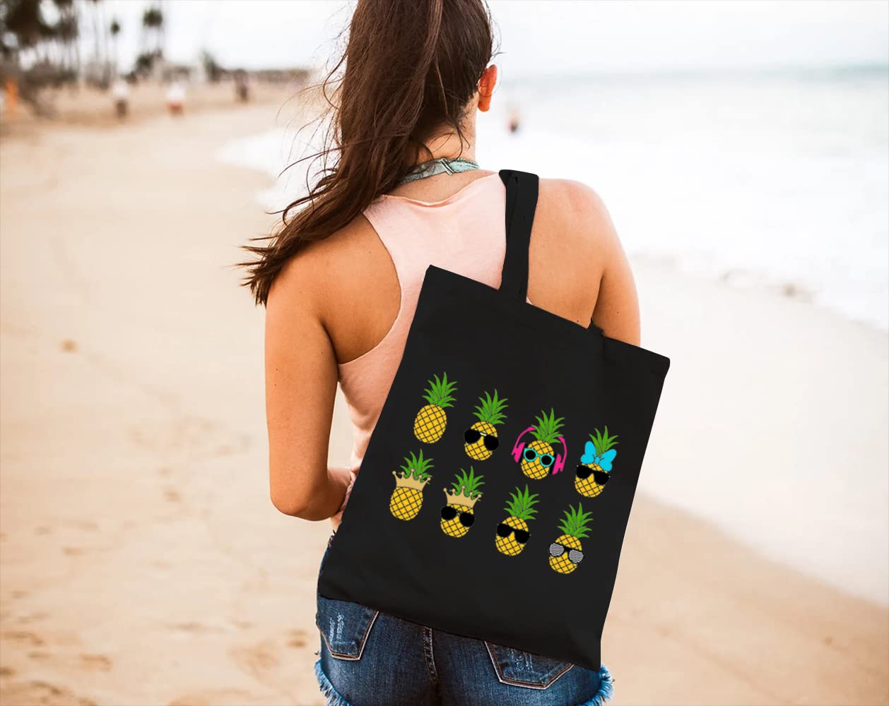 Stylish Pineapple Print Canvas Tote Bag for Women - Reusable Grocery Shopping Bag with Long Shoulder Strap - Perfect for Beach, Picnic, Travel & Daily Use - Cute Gift Idea for Girls & Teens