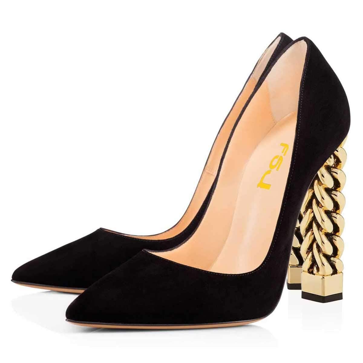 FSJ Women's Gold Chunky Chain High Heel Pointed Toe Pump Shoes for Party Prom Night Out - US Size 4-15 | Elegant Evening Wear & Special Occasion Dress Shoes