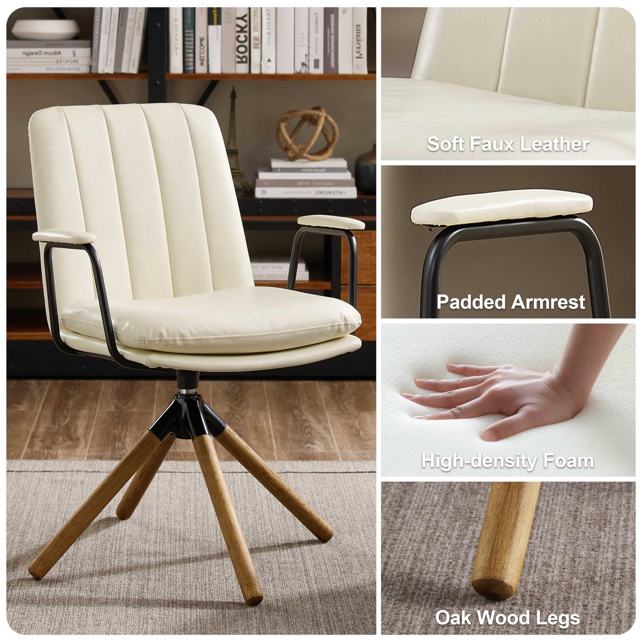 Art Leon Mid Century Modern Swivel Desk Chair Set of 2 - Oak Wood Legs & Faux Leather Upholstery - No Wheels Office Chair for Home Office, Bedroom or Living Room - Off White - Perfect for Workspaces & Cozy Reading Nooks