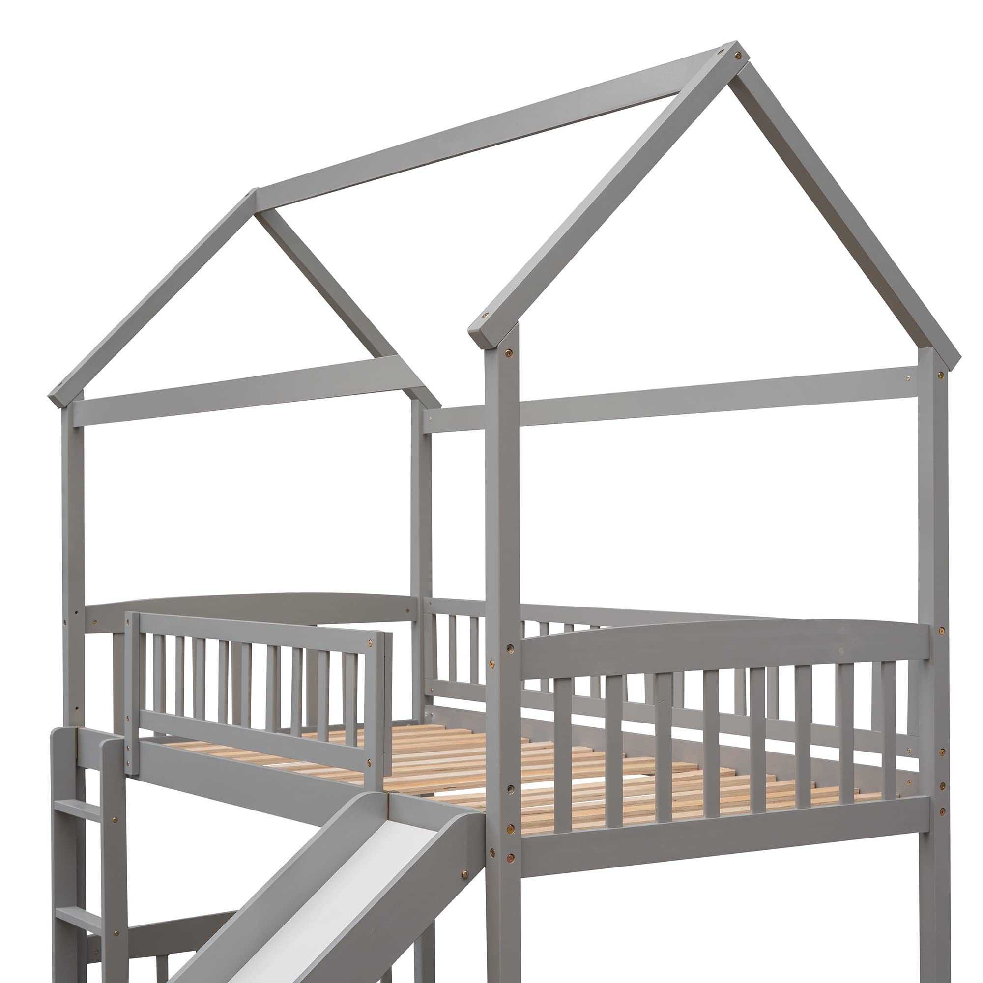 Bellemave Twin Loft Bed with Slide - Wooden House Style Bunk Bed with Roof for Kids & Toddlers - Space Saving Grey Loft Bed for Small Rooms - Perfect for Boys & Girls Bedroom, Playroom or Dorm
