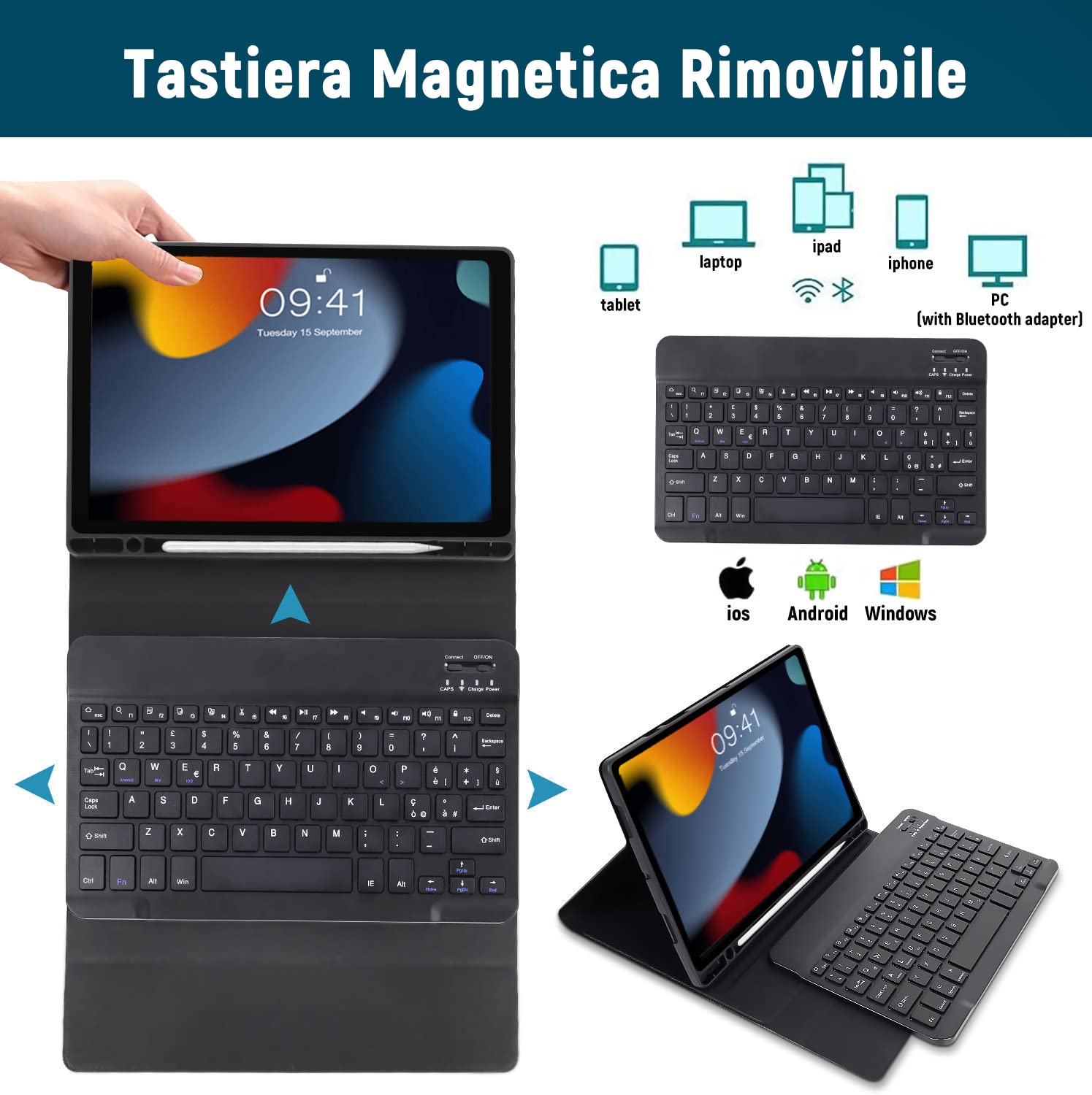 Lielax Bluetooth Keyboard Case for iPad 10.2 (2021/2020/2019 9th/8th/7th Gen), iPad Air 3 & iPad Pro 10.5 - Removable Italian QWERTY Keyboard with Pencil Holder & Stand - Perfect for Work, Study & Travel - Black