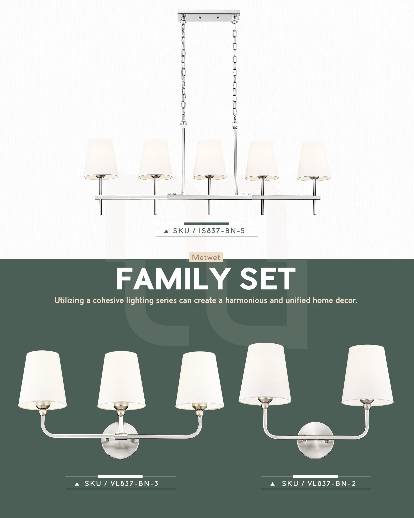 5-Light Brushed Nickel Kitchen Island Pendant Light with White Fabric Shade - 46