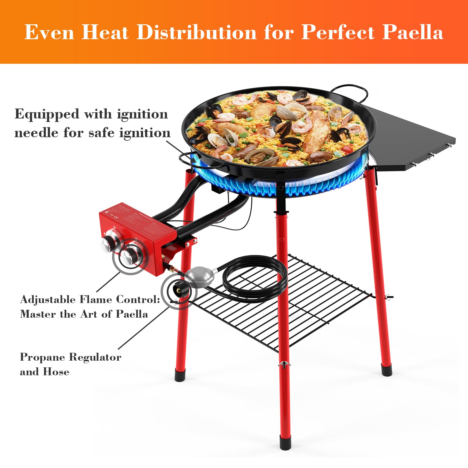 GRISUN 18 Inch Enameled Paella Pan Set with Burner, Stand & Accessories - Includes Built-In Ignitor, Regulator Hose, Carry Bag & Durable Legs - Perfect for Outdoor Cooking, Parties & Spanish Cuisine (12 Servings)