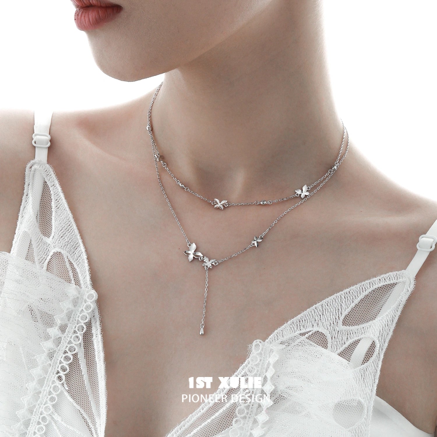Whiterfly S925 Sterling Silver Butterfly Double Layer Choker Necklace for Women - Elegant Layered Chain Necklace for Party, Wedding, Gift & Everyday Wear