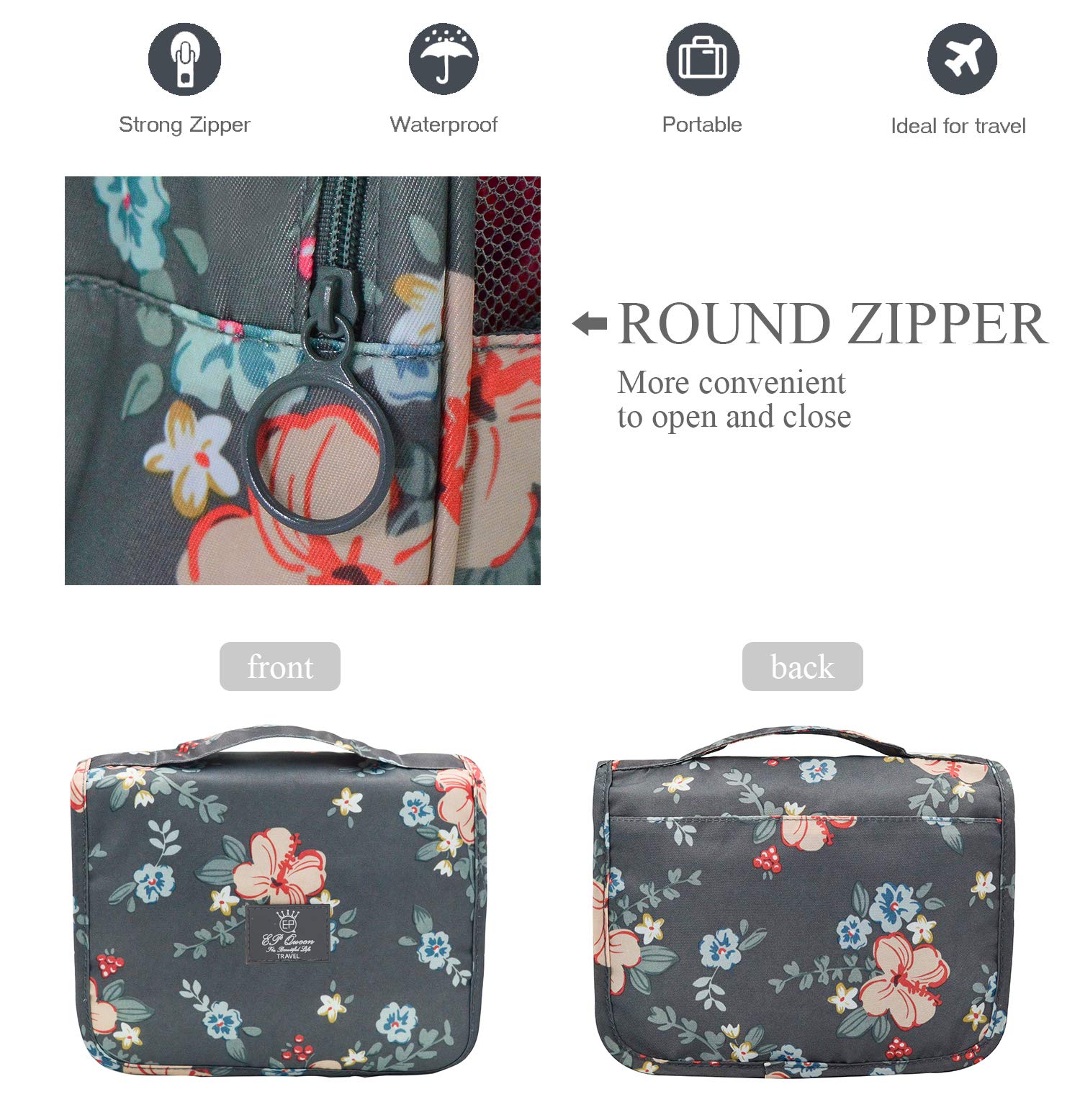 Hanging Travel Toiletry Bag for Women - Waterproof Cosmetic Organizer with Multiple Pockets for Makeup, Shampoo & Toiletries (Dark Grey Floral Pattern) - Perfect for Vacation, Gym, Camping & Business Trips