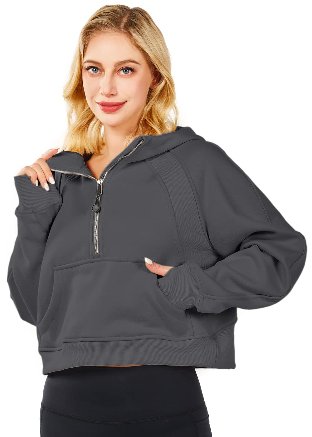 Women's Oversized Half Zip Cropped Hoodie Sweatshirt - Long Sleeve Pullover with Thumb Holes for Spring & Fall - Casual Streetwear, Loungewear, and Workout Outfits